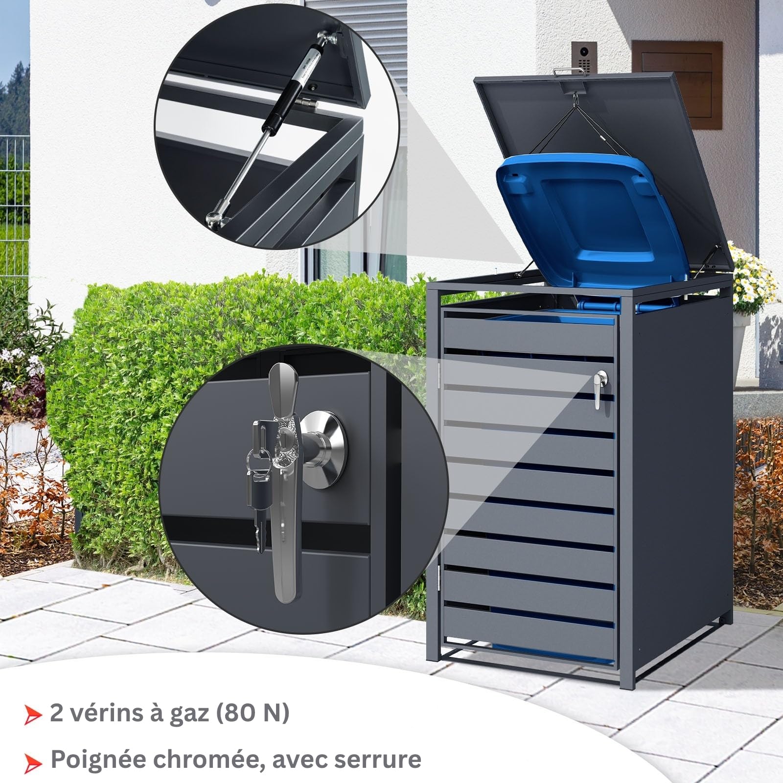 Abri poubelles avec décor Bois, Structure en Acier Inoxydable | 1 à 3 Portes | Rangement poubelles de 60 à 240 L – Anthracite avec décor Bois (Gris foncé Magnus, 68 × 80 × 116 cm (1 Porte))