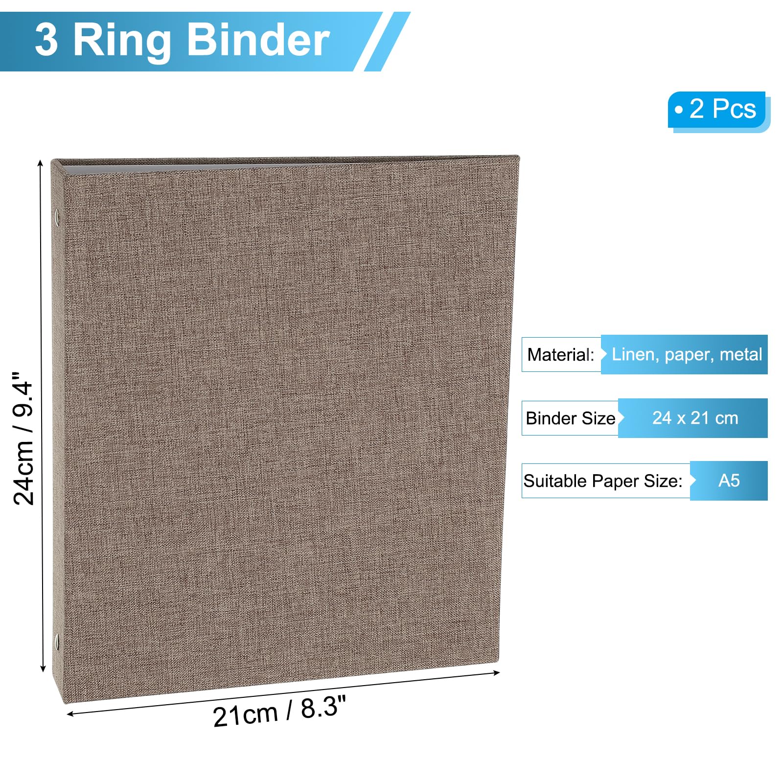 PATIKIL A5 Size 3 Ring Binder,2Pcs 1 Inch Round Ring Durable Linen Hardcover Binder Fit for Paper Recipe Photo Office Dark Gray - Image 2