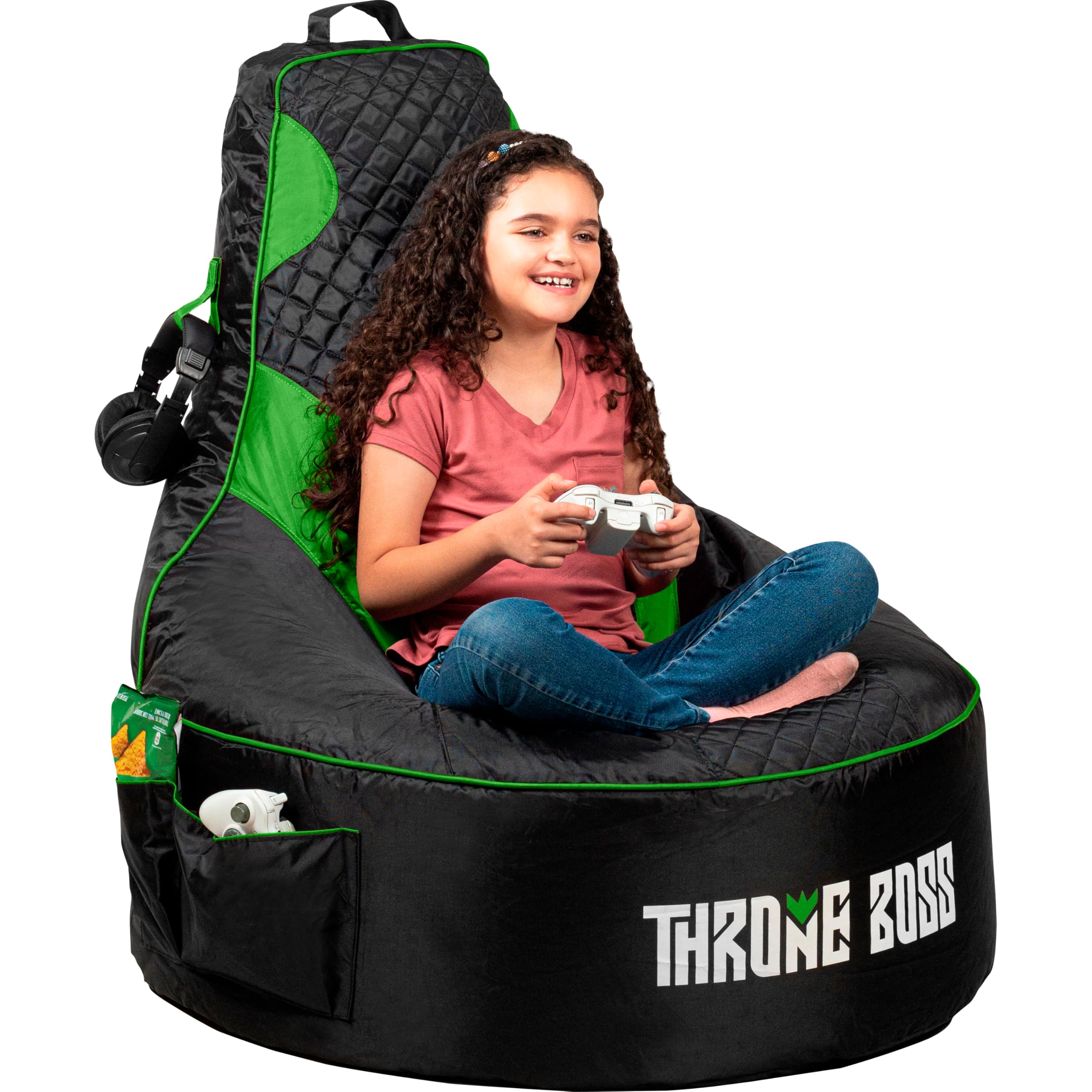 Throne Boss Gaming Bean Bag Chair Cover for Kids with High Back, Green – Floor Gaming Chair Cover, Easy to Clean Fabric, Large Side Pockets, Headphone