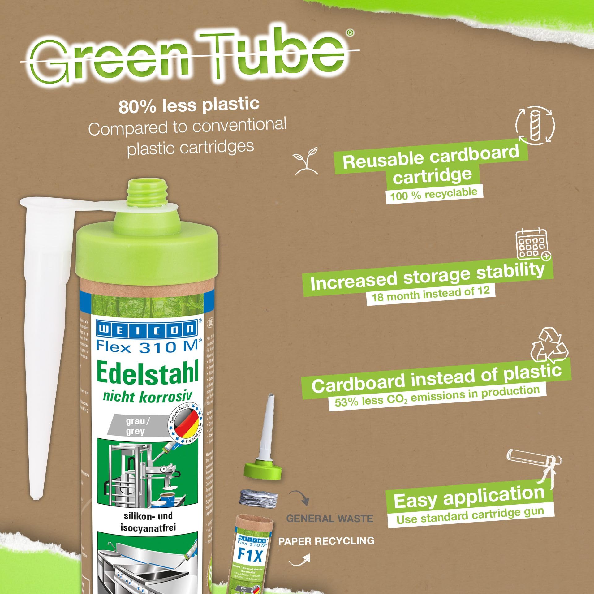 WEICON Green Tube Flex 310 M Edelstahl, silbermetallic, 280 ml, Set