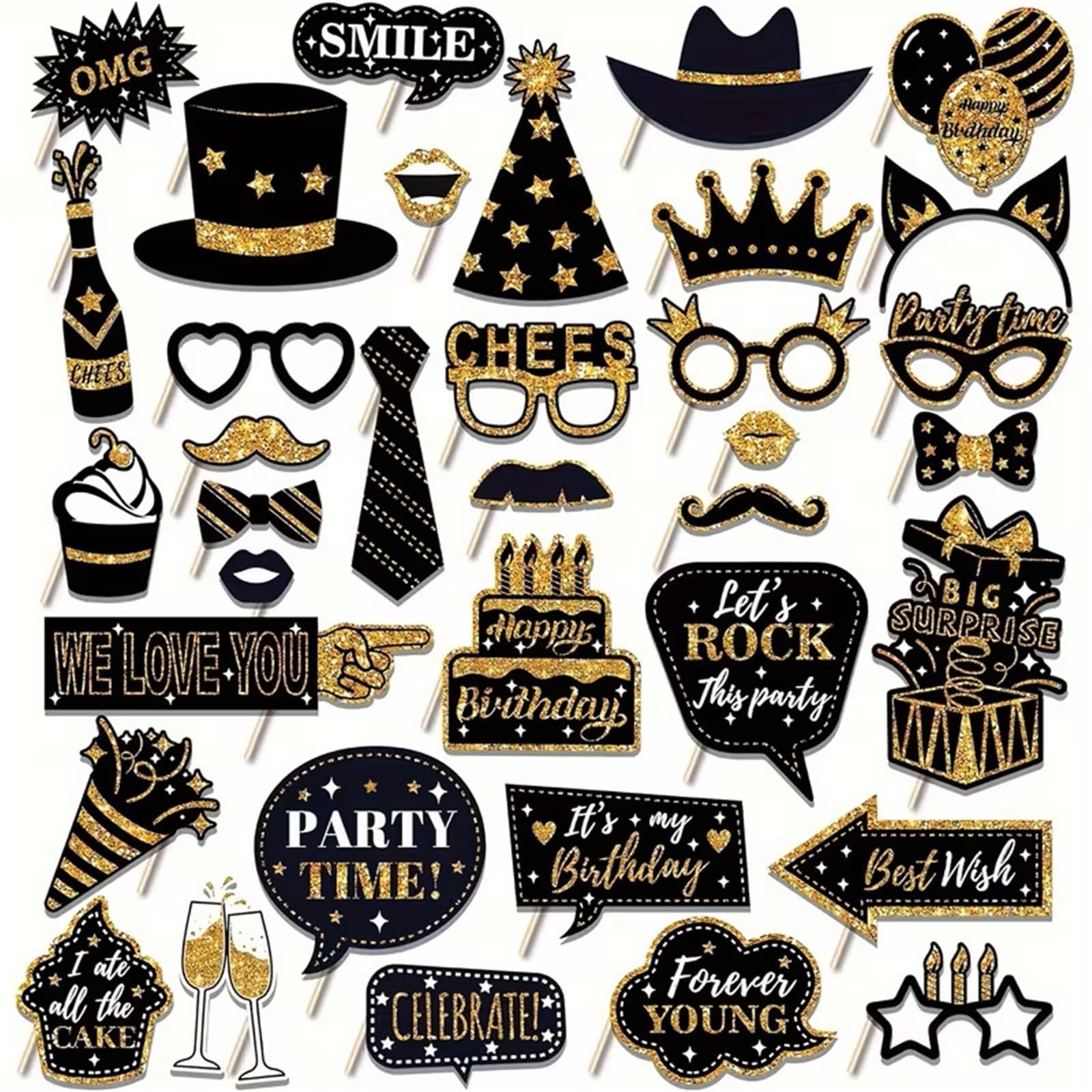 36pcs Black and Gold Birthday Photo Booth Props Set - Decorative Party Accessories for Memorable Celebrations
