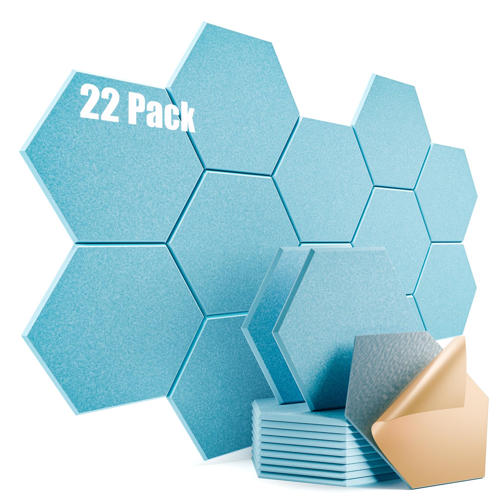 22 Pack Self-adhesive Acoustic Panels 12" X 10" X 0.4" - Sound Proof Foam Panels with High Density, Stylish Hexagonal Design, Flame Resistant, Absorb Noise and Eliminate Echoes(Light Blue)