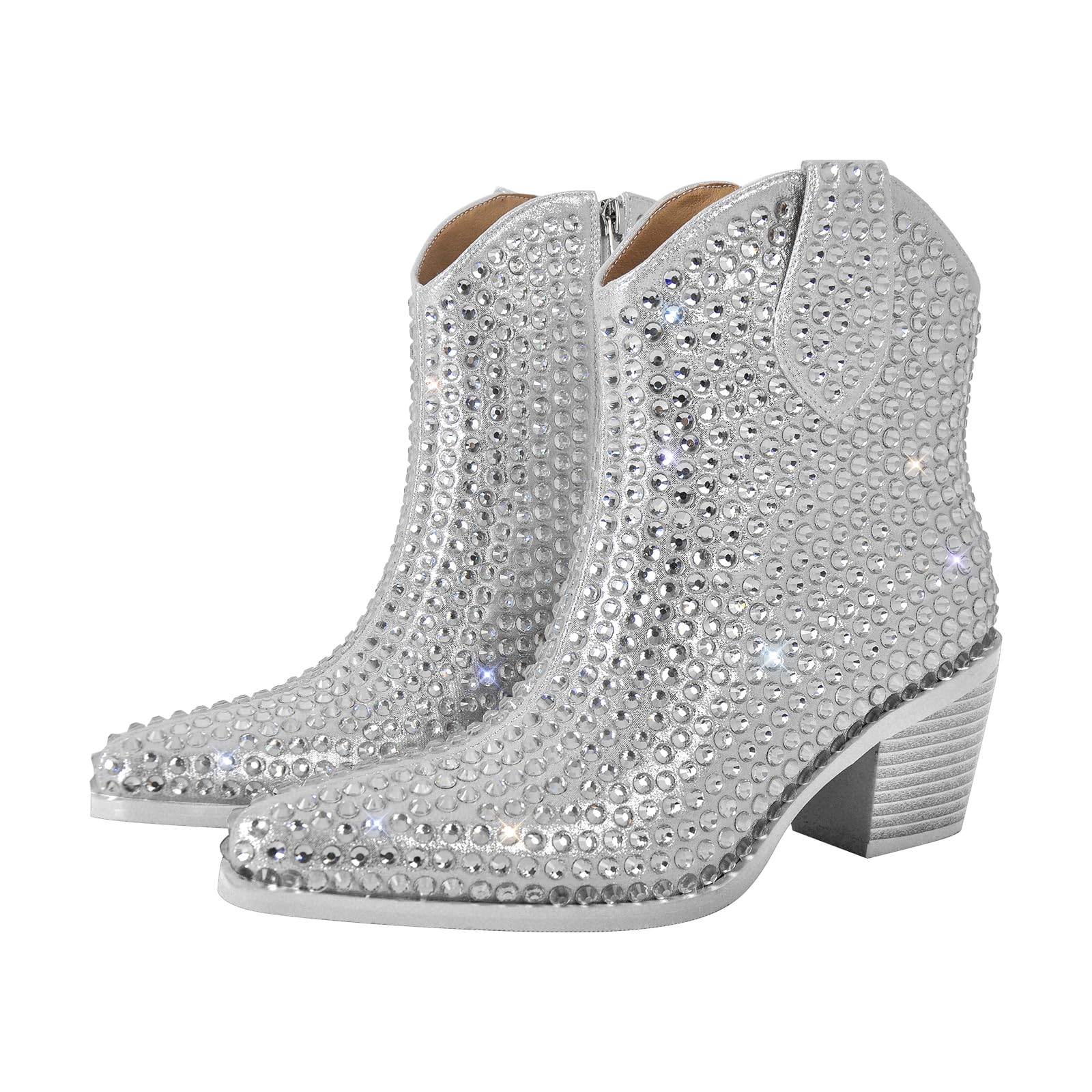 richealnini Sparkly Zip Up Ankle Boots for Women Rhinestones Studded Western Cowboy Boots