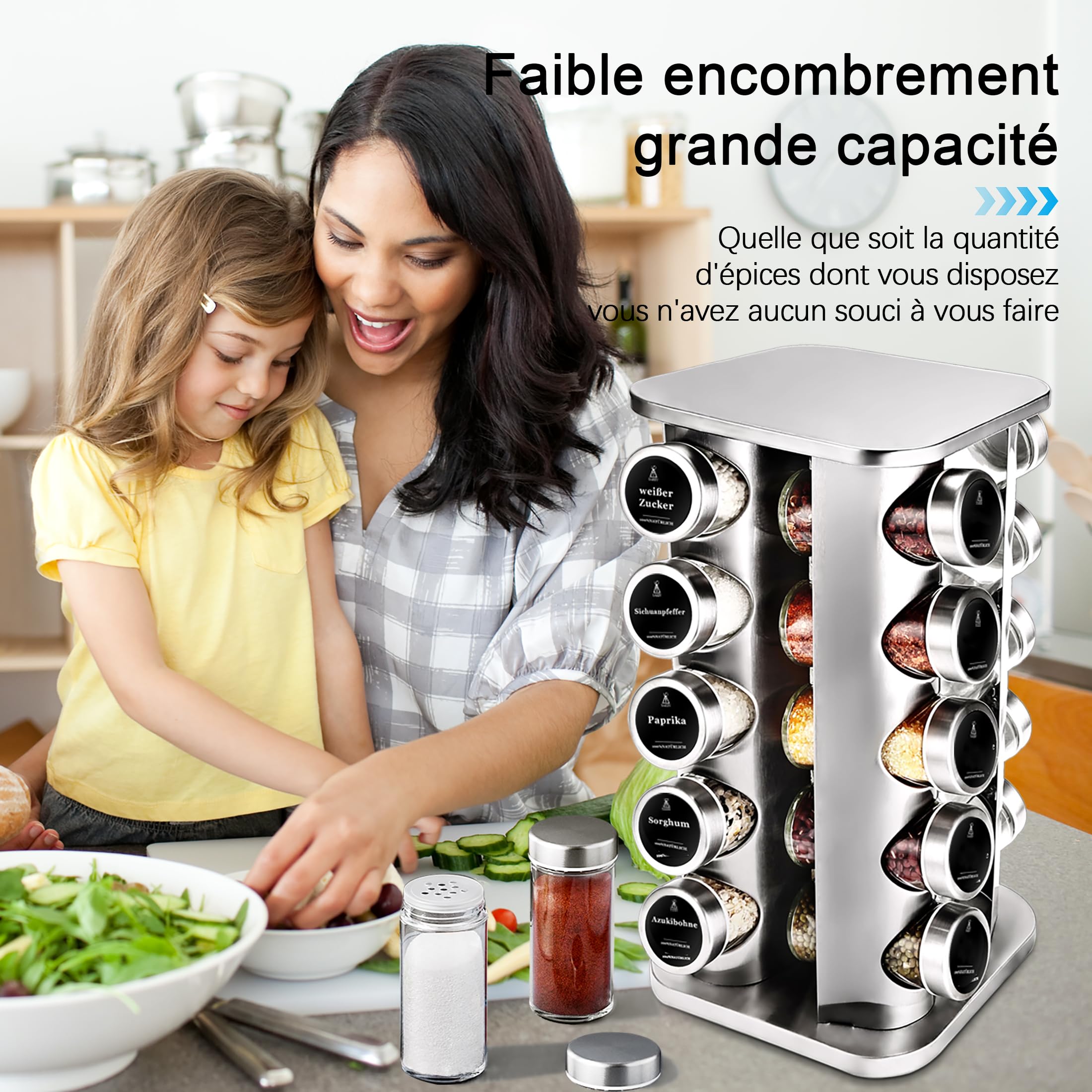 SAEIV Organiseur d'épices avec 20 bocaux en acier inoxydable, porte-épices pour tiroirs de cuisine, étagère à épices permettant de gagner de la place sur le plan de travail et dans les placards