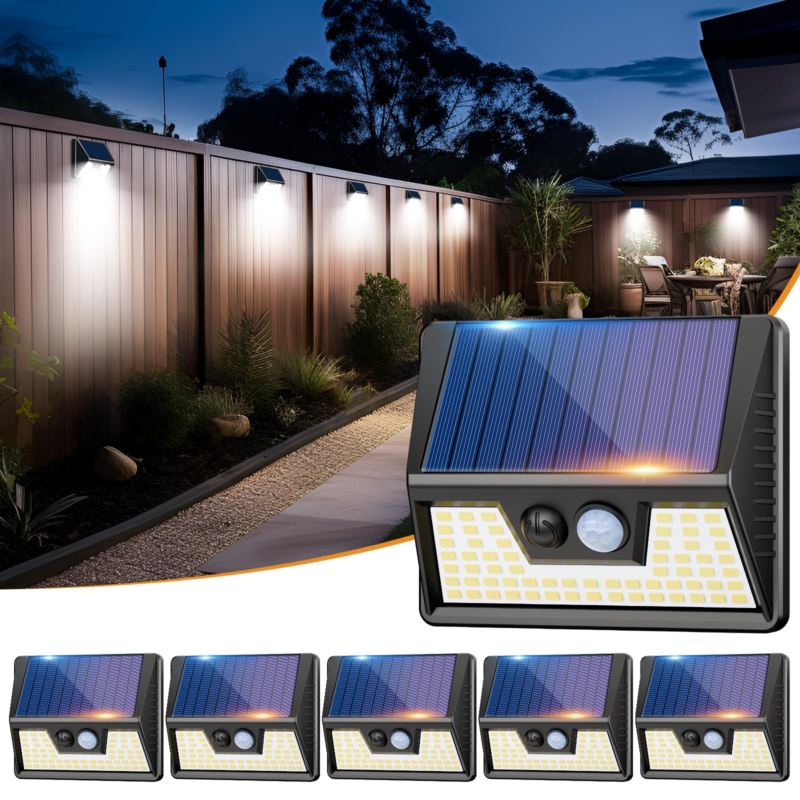 vighep Luz Solar Exterior, 6 Paquete Foco Solar Exterior con Sensor de Movimiento, 3 Modes Luces Solares IP65 Impermeable Lamparas Solares Exterior, Blanco Frío 270° Iluminación para Jardín, Garaje