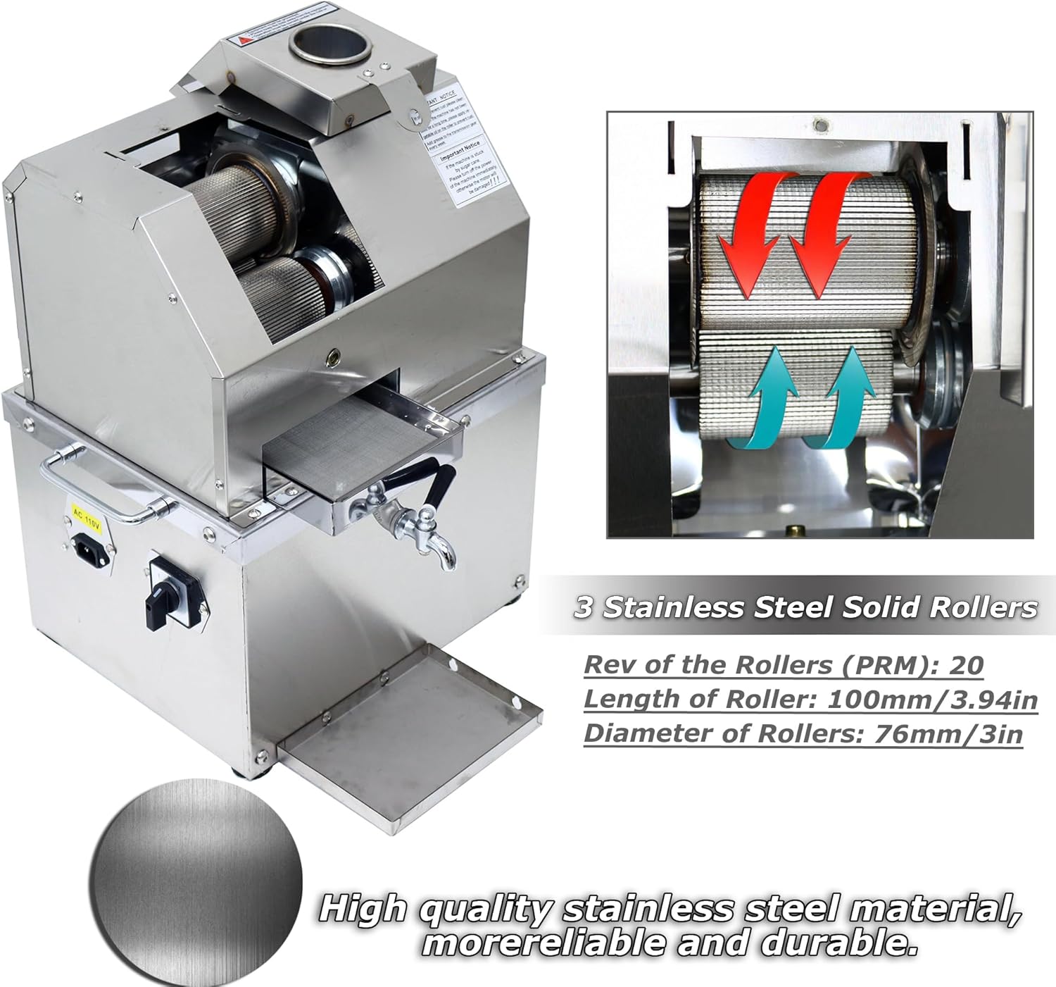 INTSUPERMAI Electric Sugar Cane Press Juicer Machine 110V Sugarcane Juice Extractor Commercial Sugarcane Juice with 3 Rollers for Sugar Cane Sweet Sorghum Juicing Extractor Pressing 660LB/H Capacity