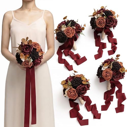 Ling's moment 4-Pack Burgundy Bridesmaid Bouquets 7-inch
