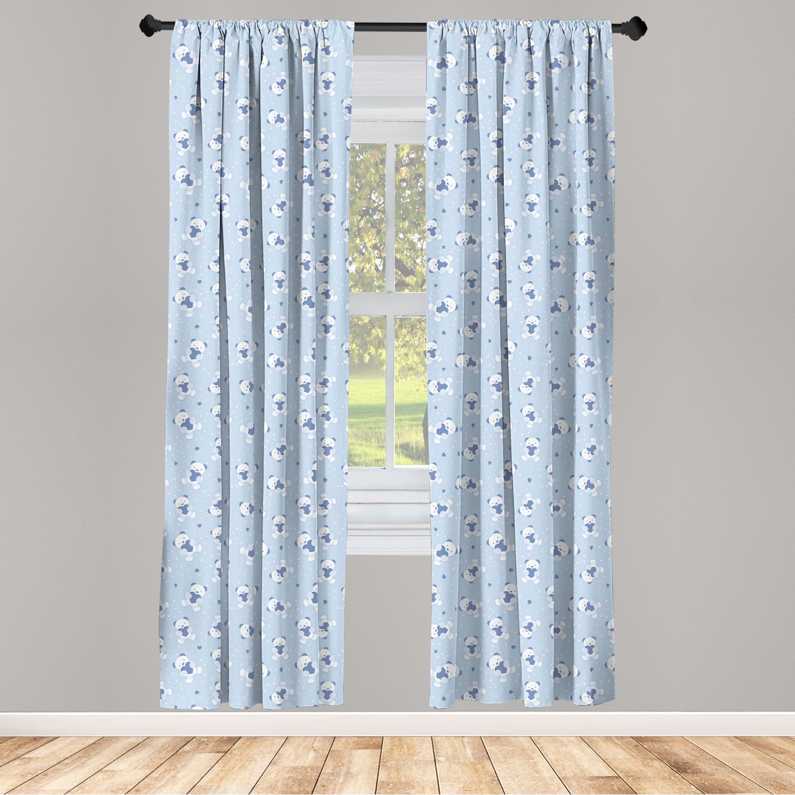 Ambesonne Cartoon Curtains, Teddy Bears Blue Backdrop Holding Hearts Shower Theme, Window Treatments 2 Panel Set for Living Room Bedroom, Pair of - 28