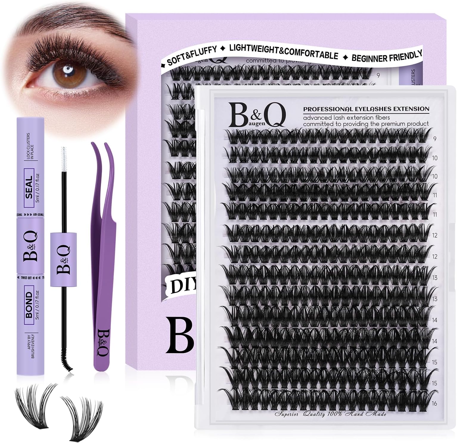 DIY Lash Extension Kit 280pcs Individual Lashes Cluster D Curl Eyelash Extension Kit Lash Clusters with Lash Bond and Seal and Lash Applicator Tool for Self Application (KIT,50D-D-9-16MIX)