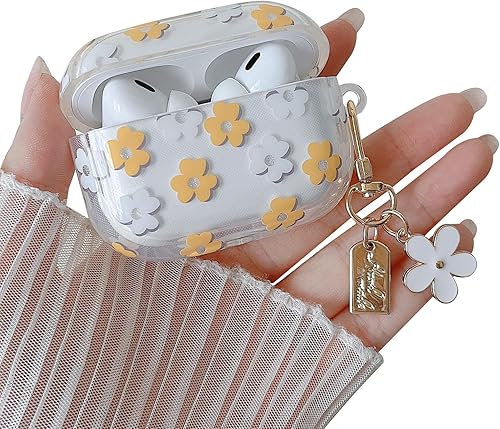 Miniatura 8 de MINSCOSE Funda transparente compatible con AirPods Pro 2, bonito diseño de patrón de flores de dibujos animados con llavero floral, funda protectora