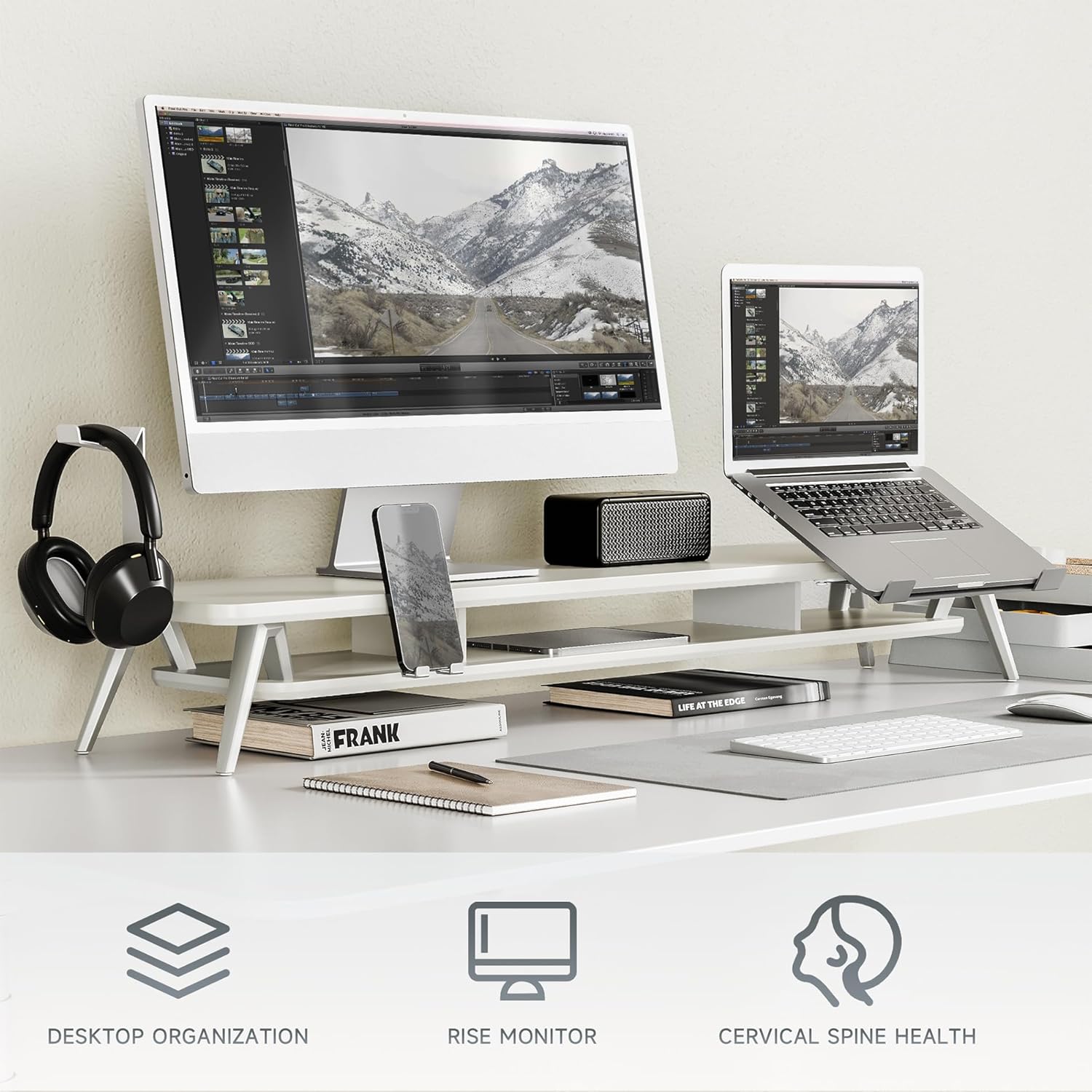 Fenge Dual Monitor Stand, Monitor Riser for 2 Monitors with Adjustable Laptop Riser , 42.5 Inch Desk Shelf for Top of Desk with Phone Holder& Headphone Stand