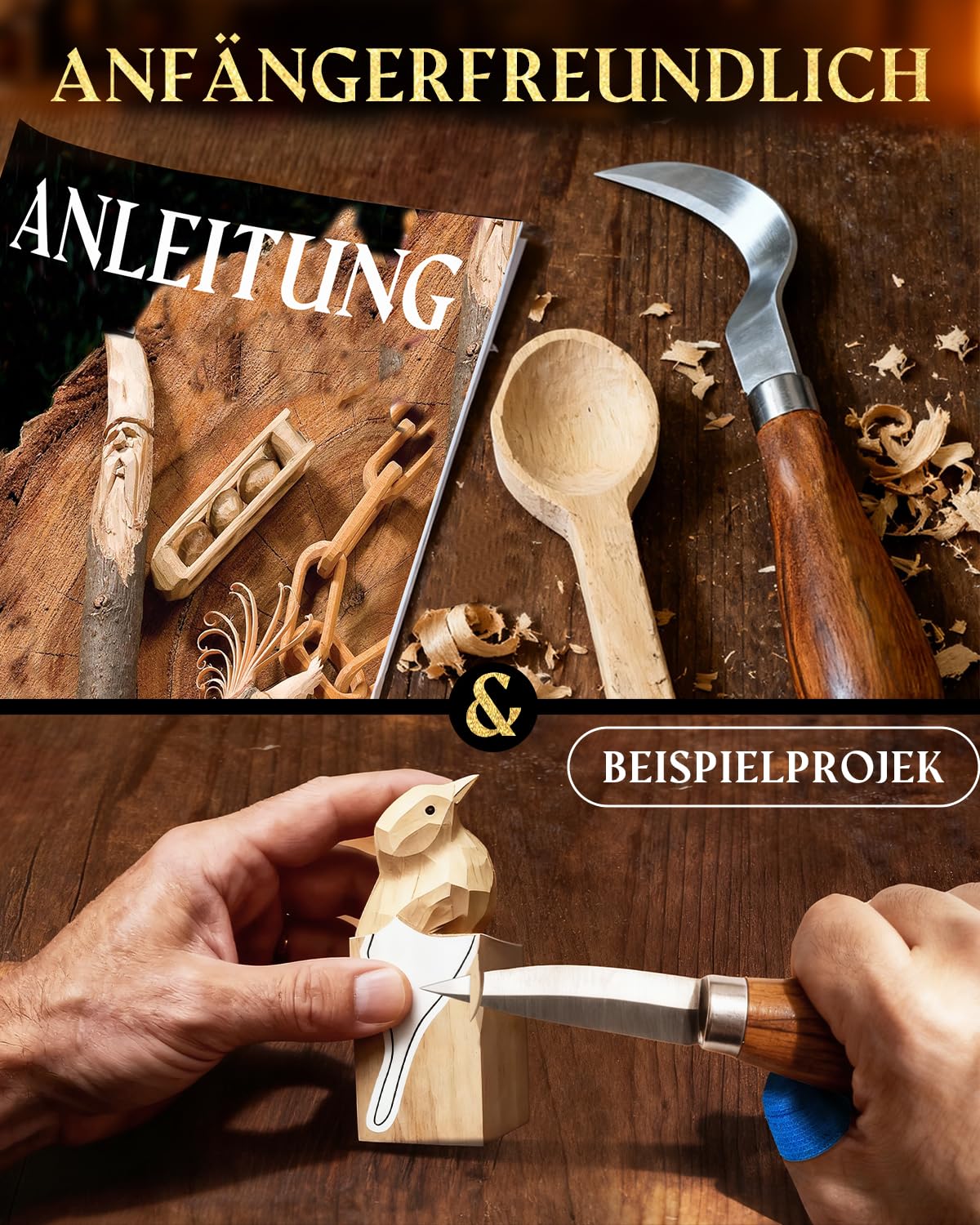 Schnitzwerkzeug Holz Schnitzset für Anfänger: Schnitzmesser Set 25-tlg. zum Schnitzen - HolzSchnitzset Carving Kit mit Anleitung, Handschuhe und Lindenholz für Erwachsene Geschenk