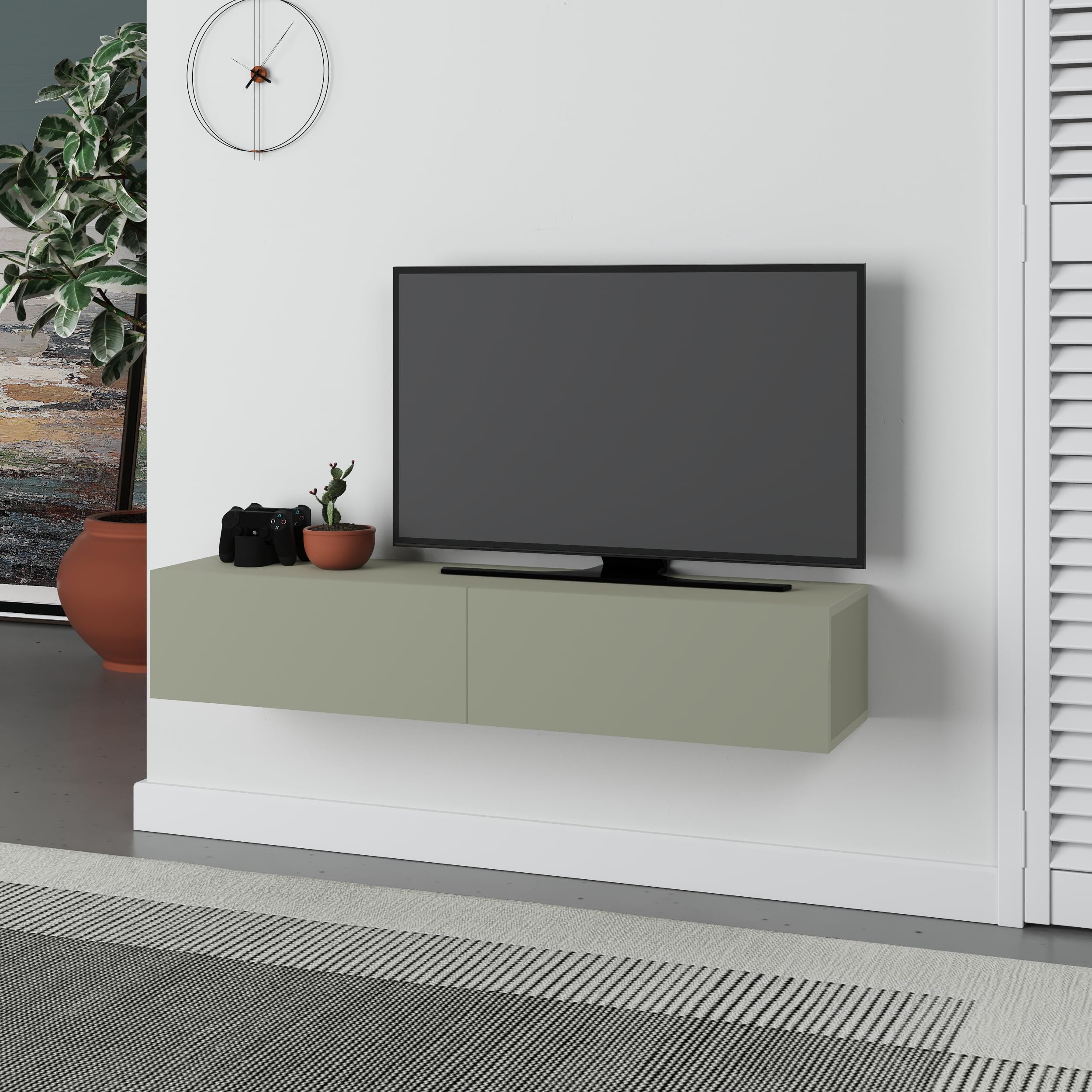 HOCUS PICUS Floating TV Stand with 2 Doors Storage Cabinet and Hidden Fixture with Modern Design for Store & Organize Items 135(W) x32(D) x25(H) cm Living Room, Office (Ash Green)