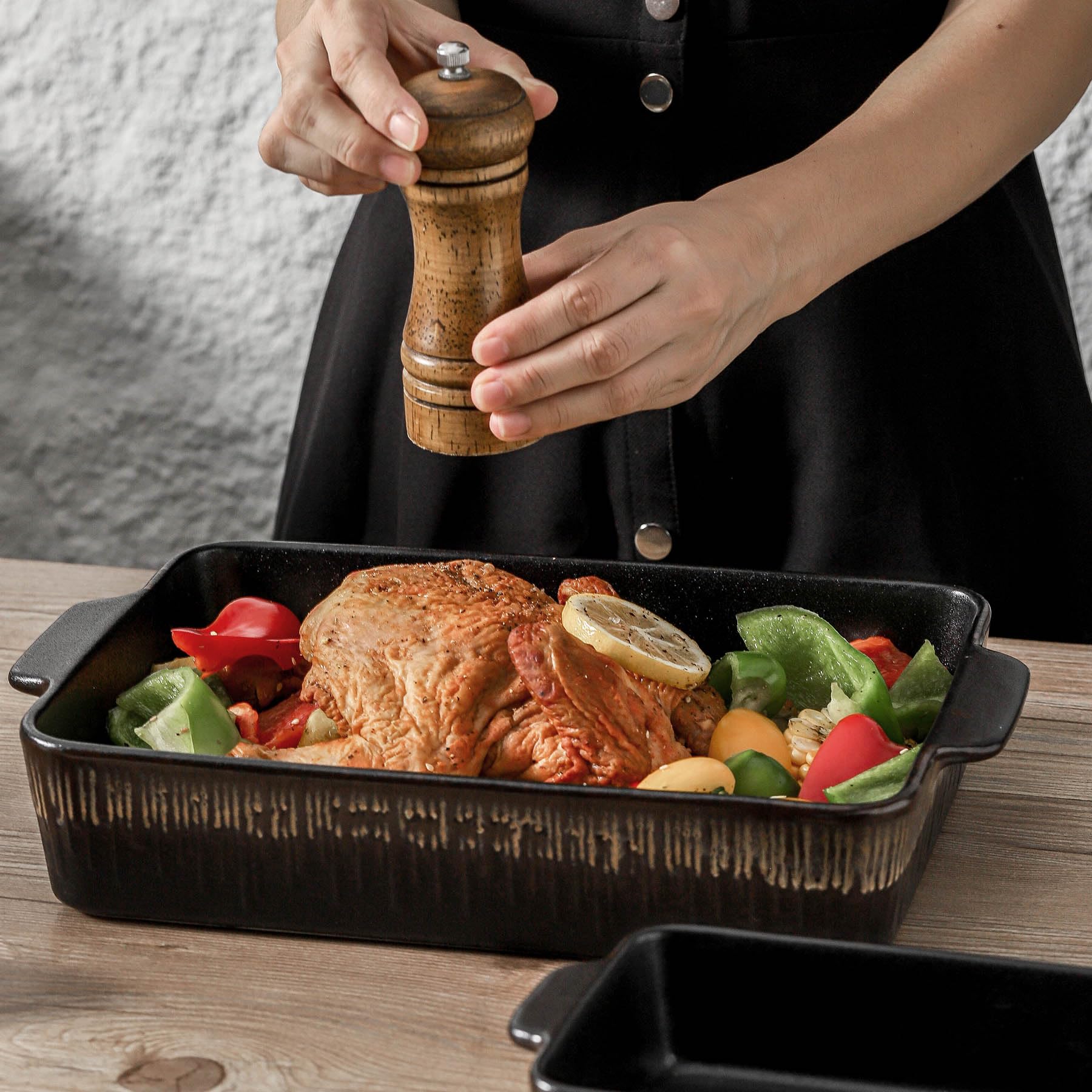 KOOV Bakeware Set Keramik Backform Rechteckige Backformen Set Auflaufform zum Kochen Kuchen Abendessen Küche 30.5 cm x 21.6 cm 3-teilig Stripe Serie (Rohschwarz)