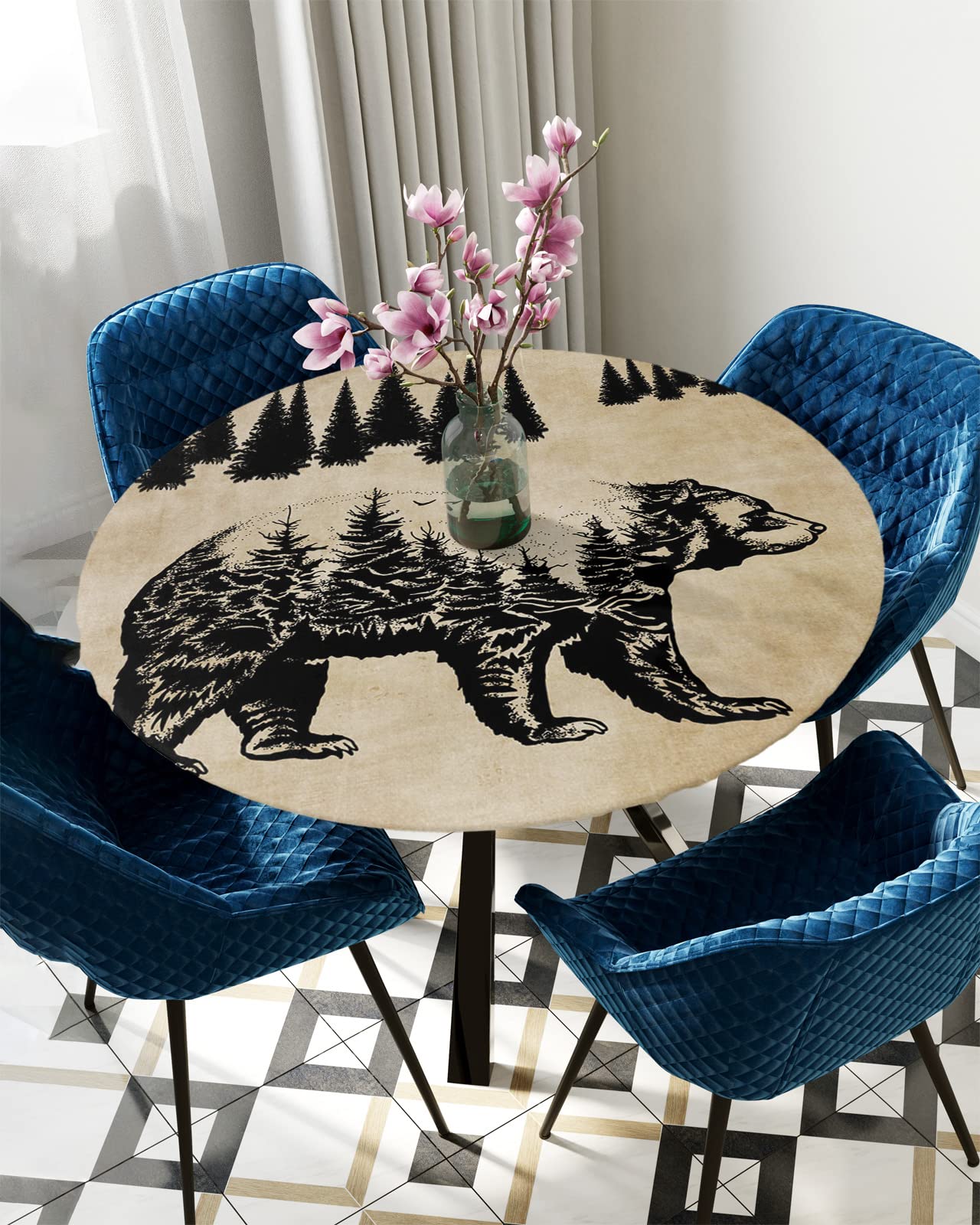 Bear Silhouette Round Tablecloth with Elastic Retro Bear Pine Tree Silhouette Burlap Waterproof Stain-proof Table Cover Wipeable Fitted Table Cloths for 45