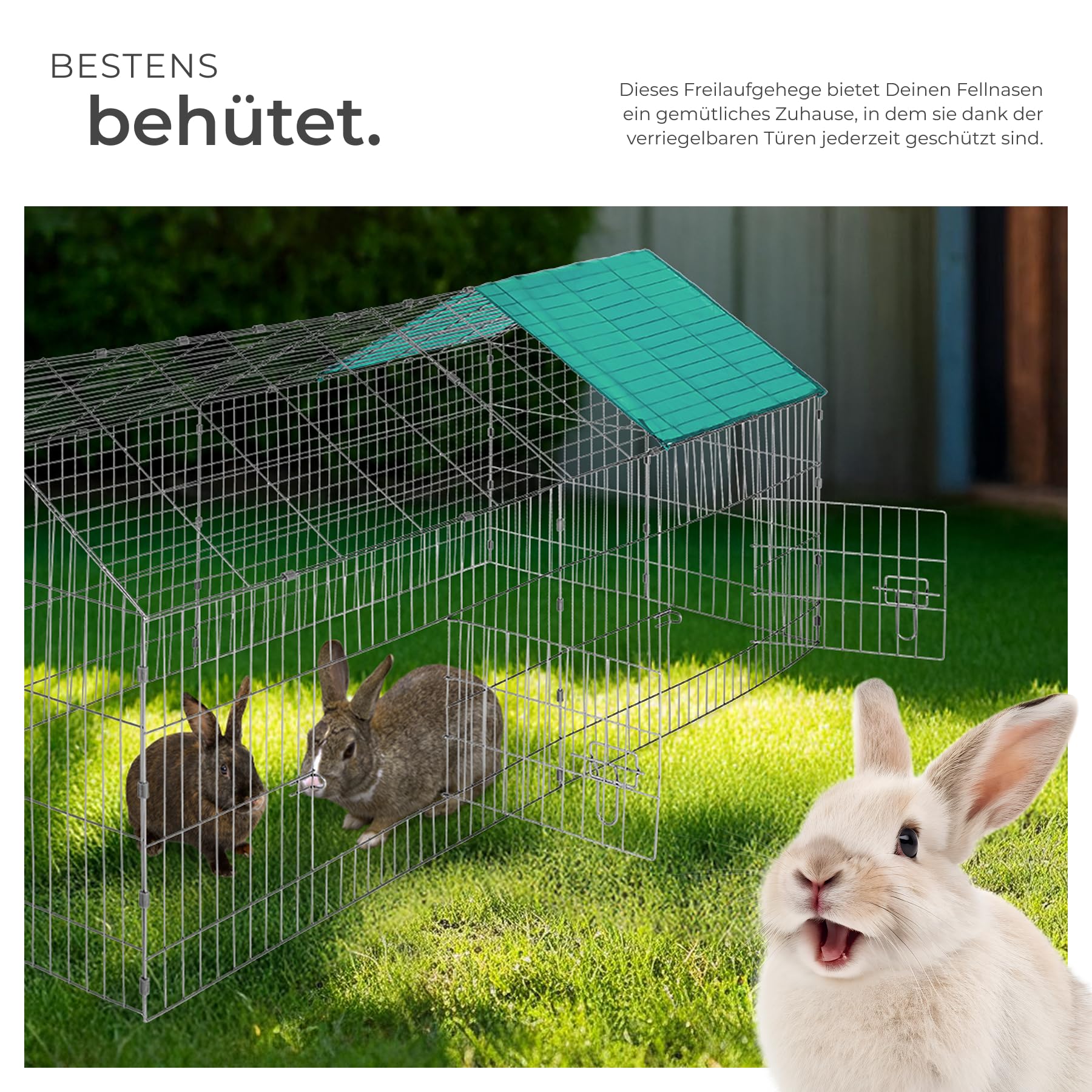 tectake® Freilaufgehege Kaninchen, Hasenstall draußen, Meerschweinchen Käfig, Laufgitter mit Sonnenschutz, Hasenkäfig, Steckzaun, Kleintierkäfig, Meerschweinchen Gehege, 180 x 75 x 75 cm - grün
