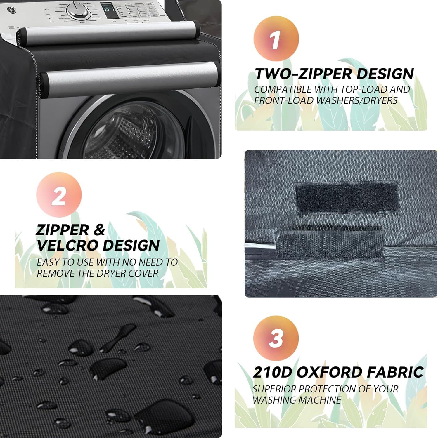 Washer and Dryer Covers, 2 Pack Washing Machine Cover, Waterproof Dust-proof Washer Dryer Case with Zipper, Washing Cover Fits Top and Front Load Machines (Black)