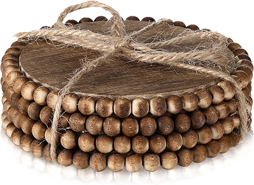 4 posavasos de madera con cuentas de 3.9 pulgadas, redondos, rústicos, de granja, posavasos de madera para bebidas, posavasos decorativos de mesa,