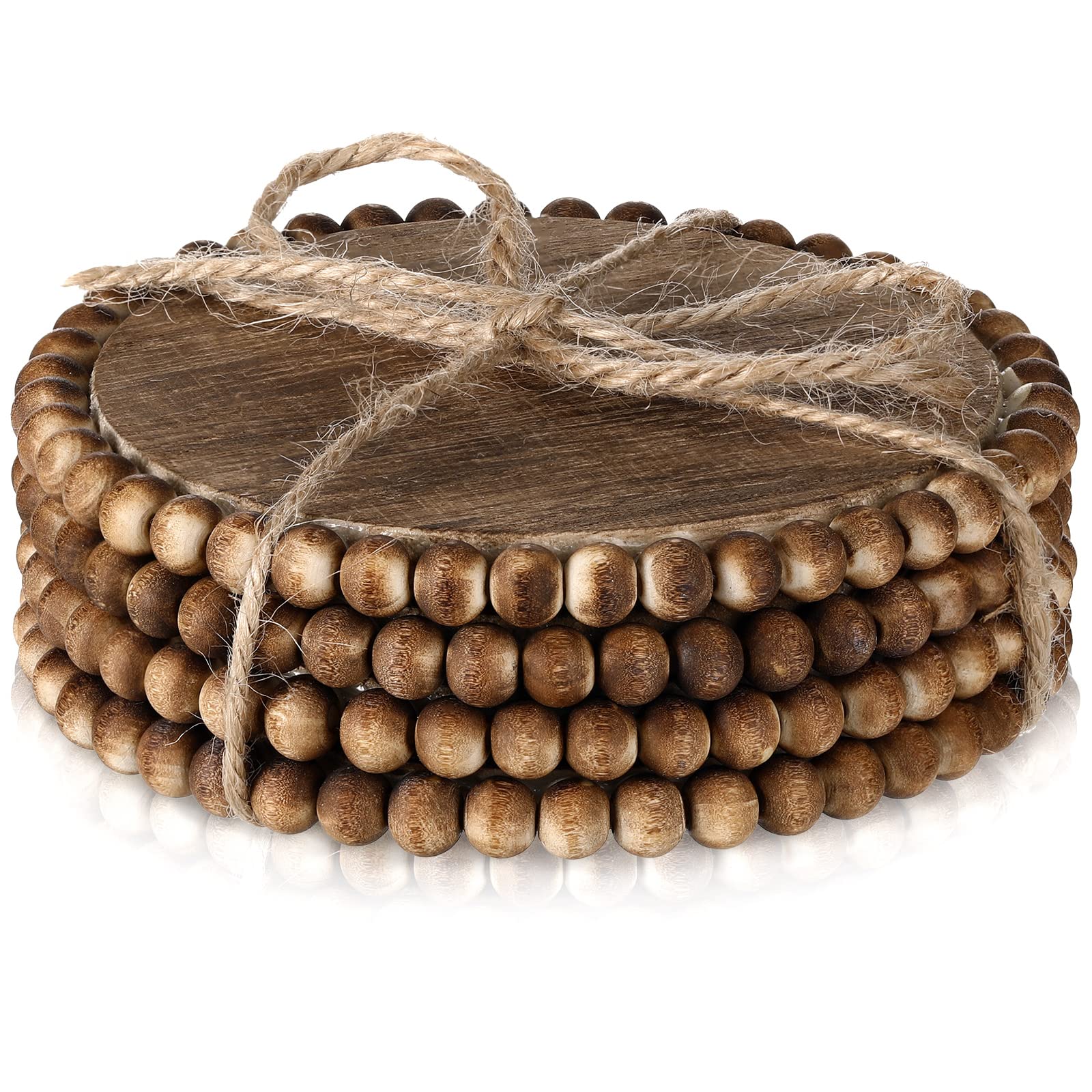 Honeydak 4 Pieces Wood Beaded Coasters 3.9 Inch Round Rustic Farmhouse Coasters Wooden Coasters for Drinks Decorative Table Top Coasters Wood Bar Coaster Set for Housewarming Home Kitchen (Dark Brown)