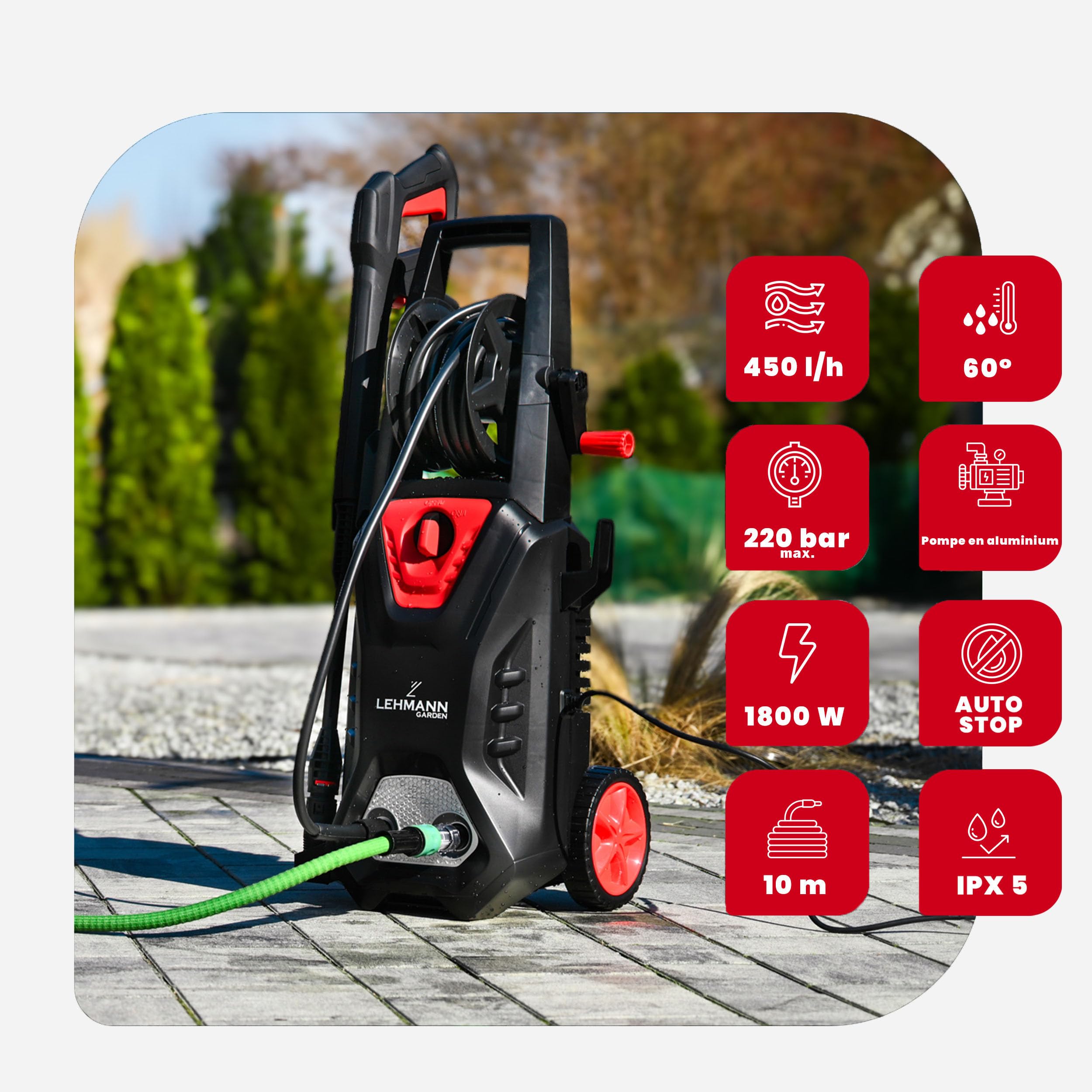 LEHMANN Hudson Idropulitrice Alta Pressione, 1800 W, Pressione Max. 220 Bar, Portata 450 l/h, Autoadescante, Pompa in Alluminio, Tubo da 5 m, Ideale per la Casa, Il Giardino e l'Auto