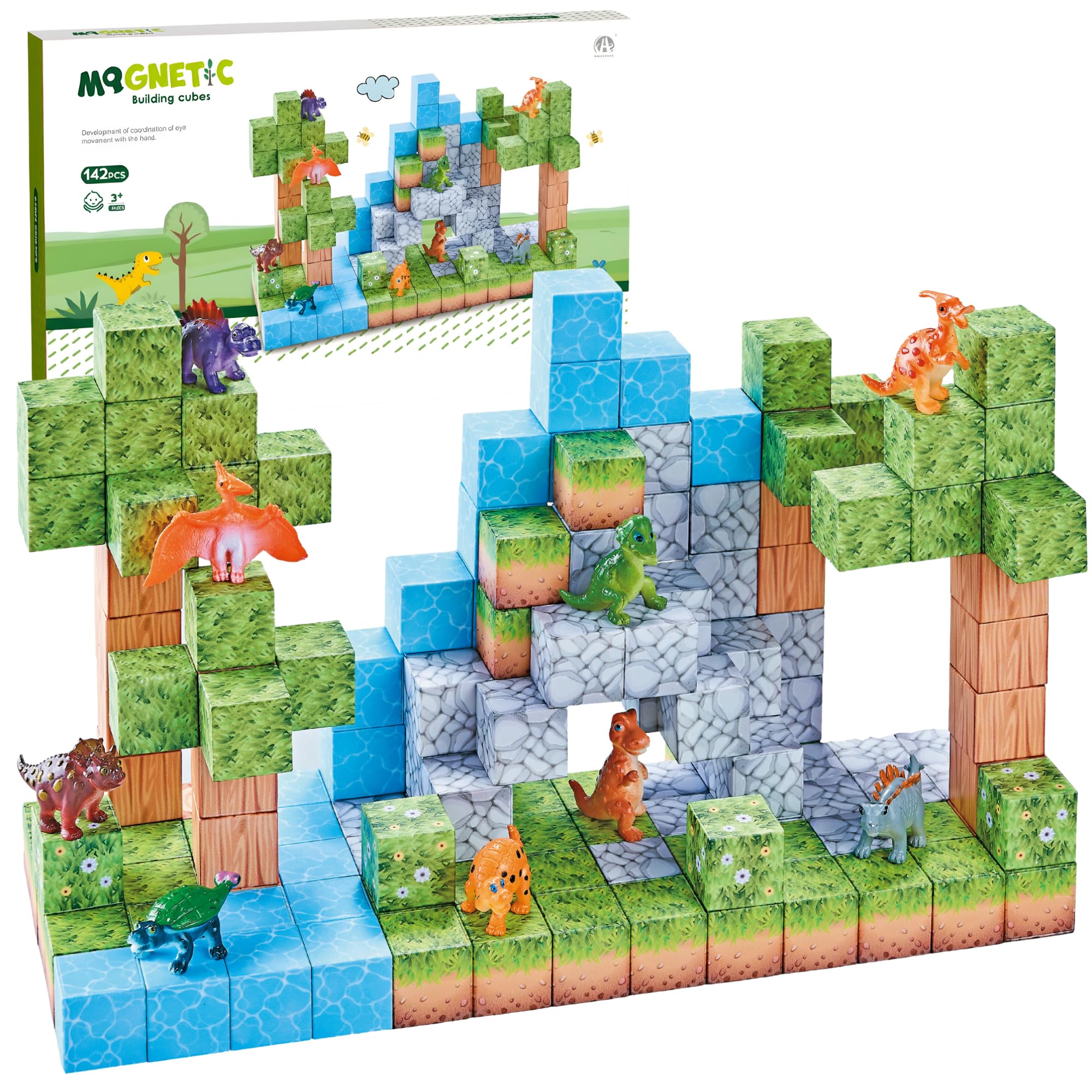 Klocki Magnetyczne Konstrukcyjne 142 Elementów PCS 2,5CM, Figurki Dinozaurów, 3+ Zabawki sensoryczne STEM Montessori, Edukacyjne dla 3 4 5 6 7 8 9 10 11 12 lat Chłopcy i Dziewczynki Prezent