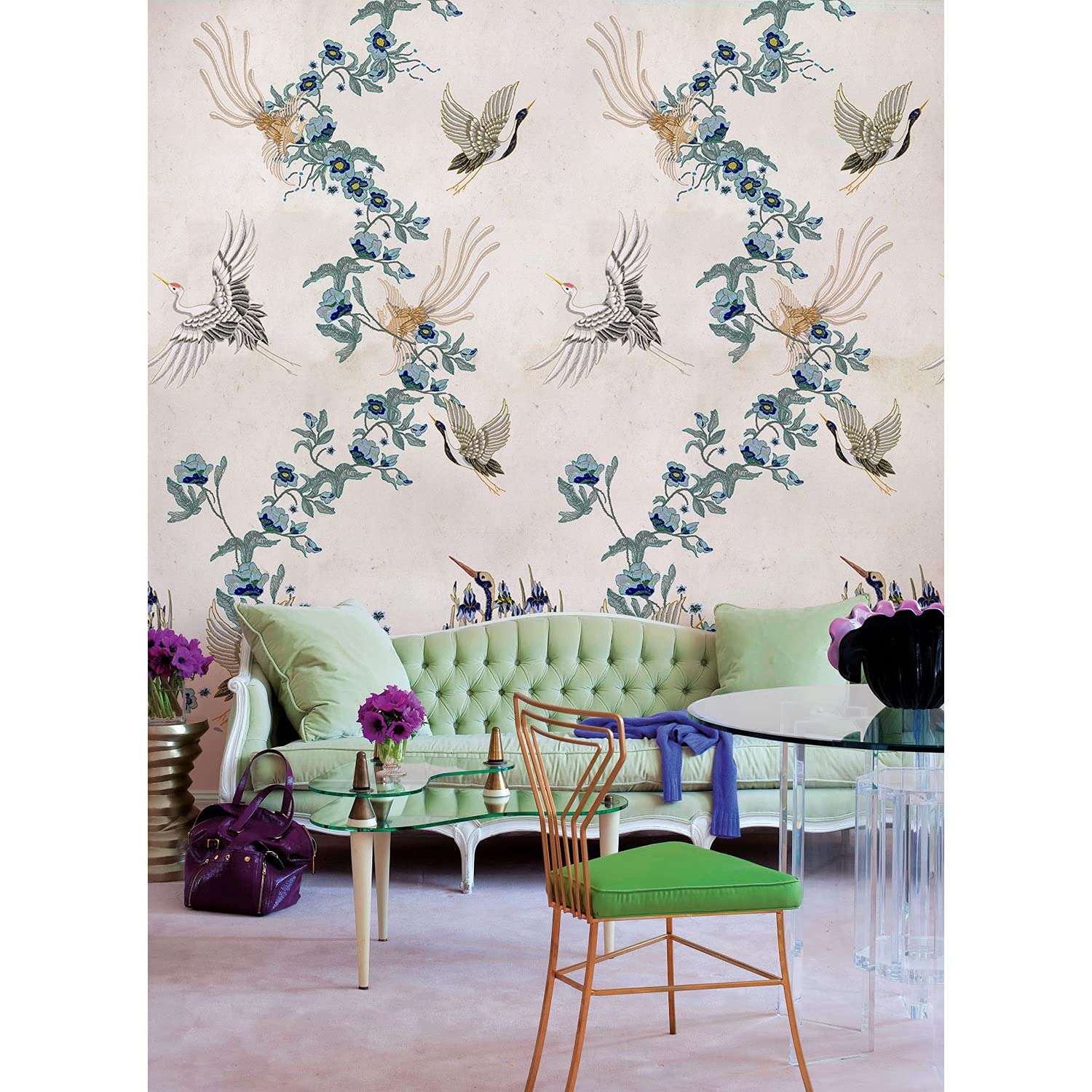 Coloray Wallpaper 163.8 x 100 inch / 416x254 cm Kitchen Livingroom Bedroom Decoration with Print Removable Magic-Stick Self-Adhesive Sticker Mural On a roll - Chinoiserie Embroidery Birds Floral