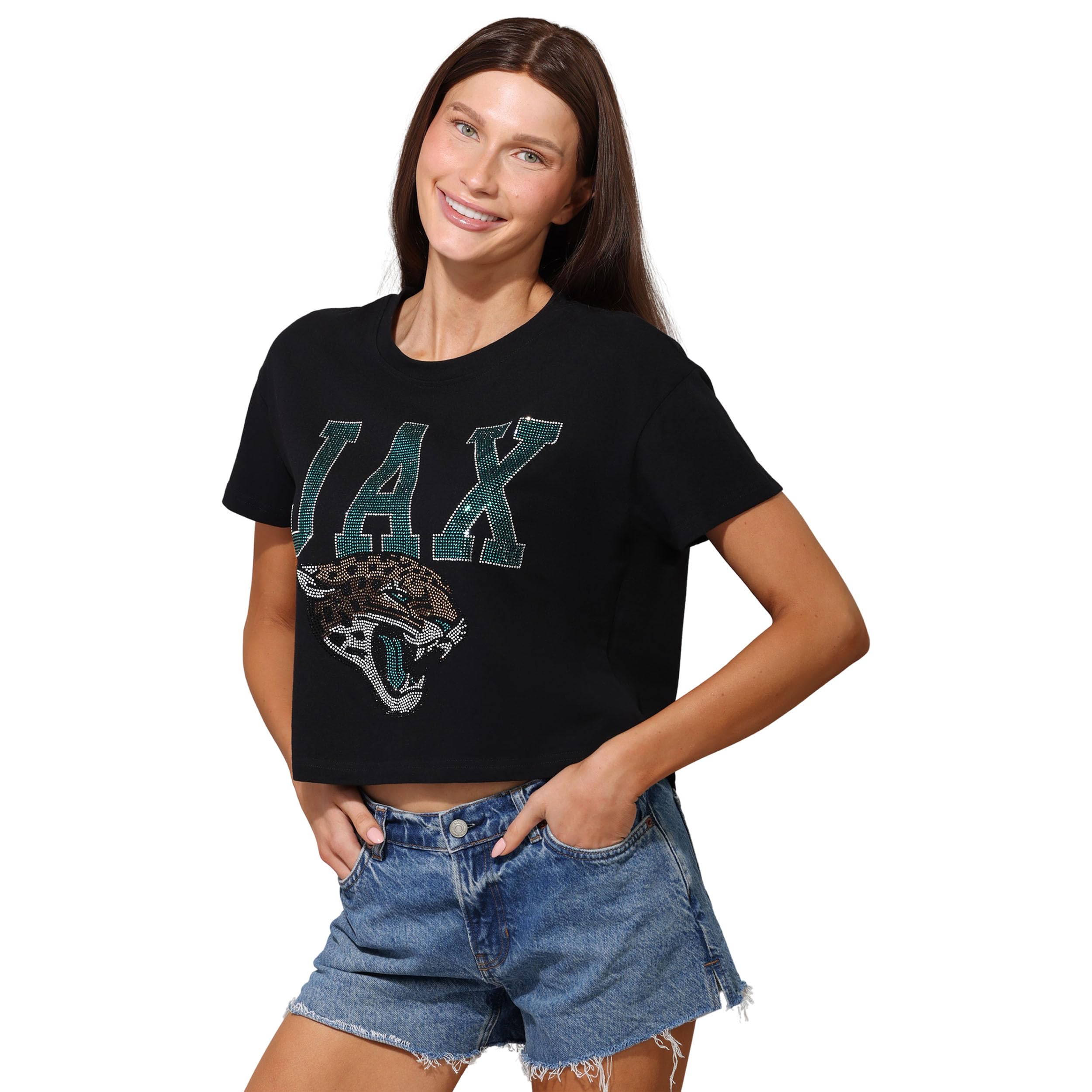 FOCO NFL Womens NFL Team Rhinestone Logo Crop Top T-Shirt