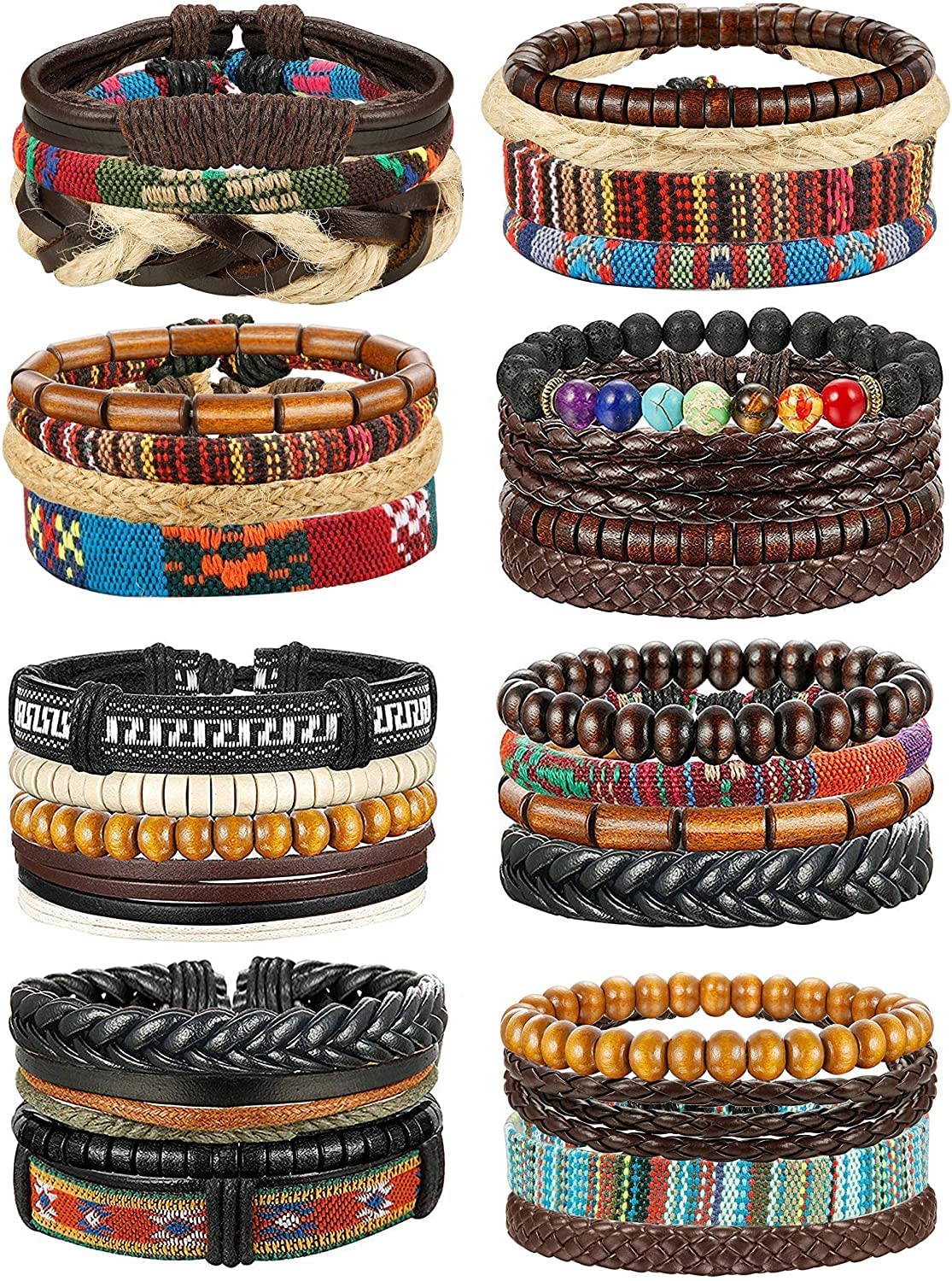 LOLIAS27/31 Piezas Cuero Pulseras para Hombre Mujer Retro Tejida Pulsera de Traje de Cuero Multicapa Trenzado Pulsera Cuentas de Madera Cuerda Brazalet Vintage Pulsera Ajustable
