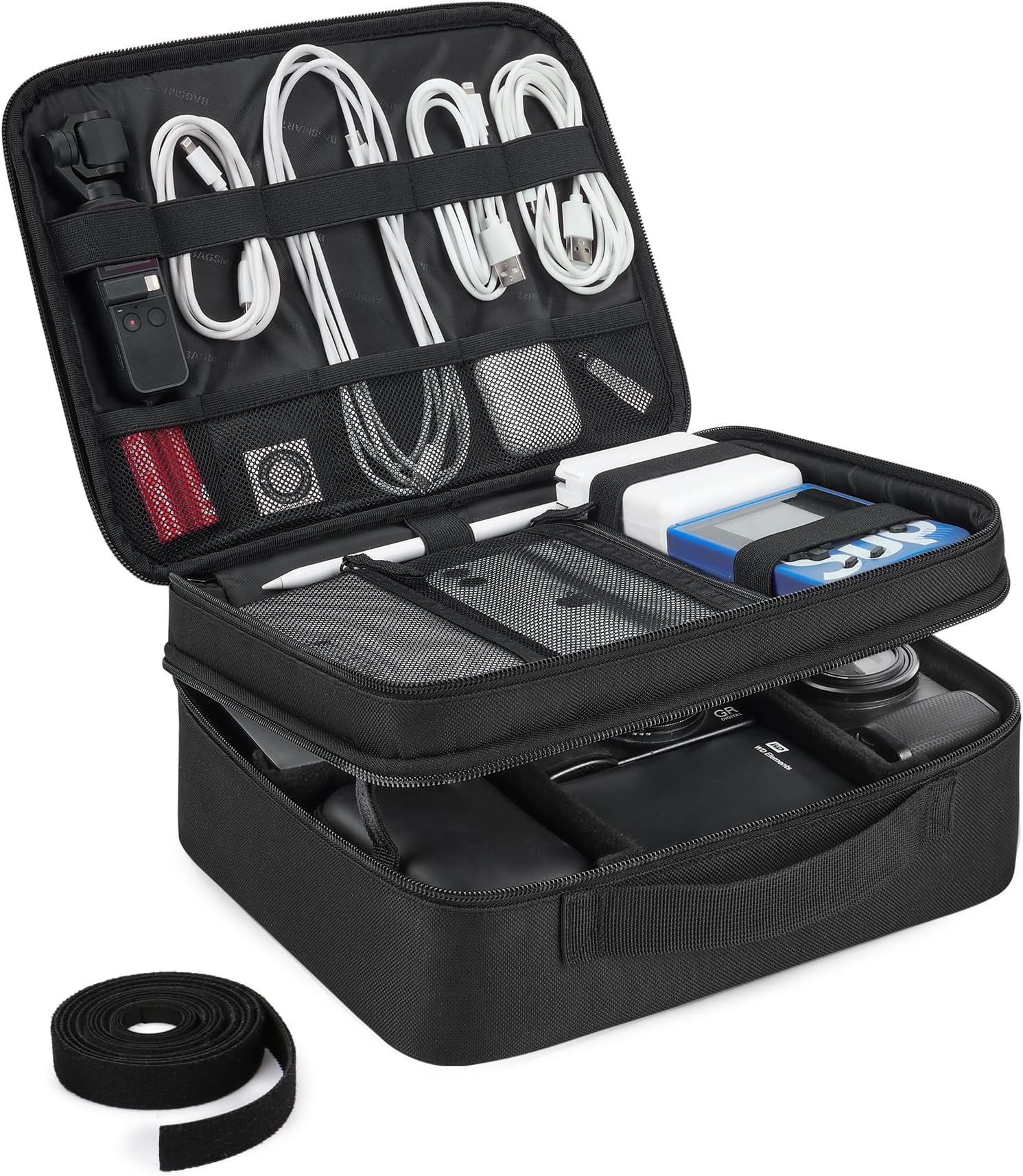 BAGSMART Cable Organizer Bag, Travel Electronics Organizer with Adjustable Divider, Tech Bag Carrying Case, Storage Bag Sturdy Tool Case with Handle for Cellphone Cord Electronics Accessories, Black