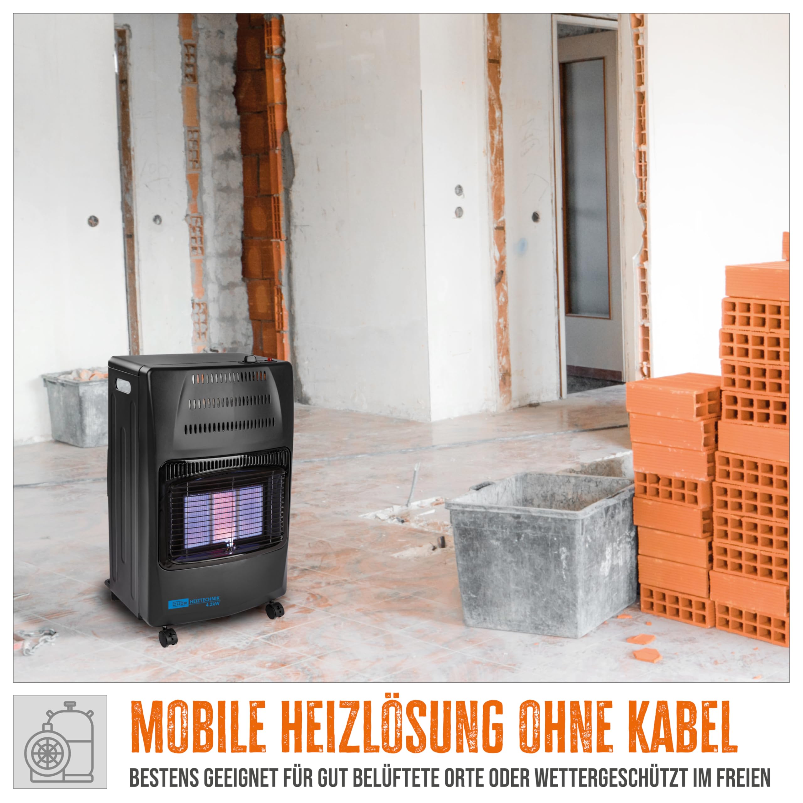 Güde Gasheizer GGH 4200 K (4200 W, 3 Heizstufen, Piezozündung, mobil einsetzbar, 50 mbar Arbeitsdruck, Keramik-Heizelemente, thermische Sicherung, 4 Feststellrollen, inkl. Gasschlauch und Druckregler)