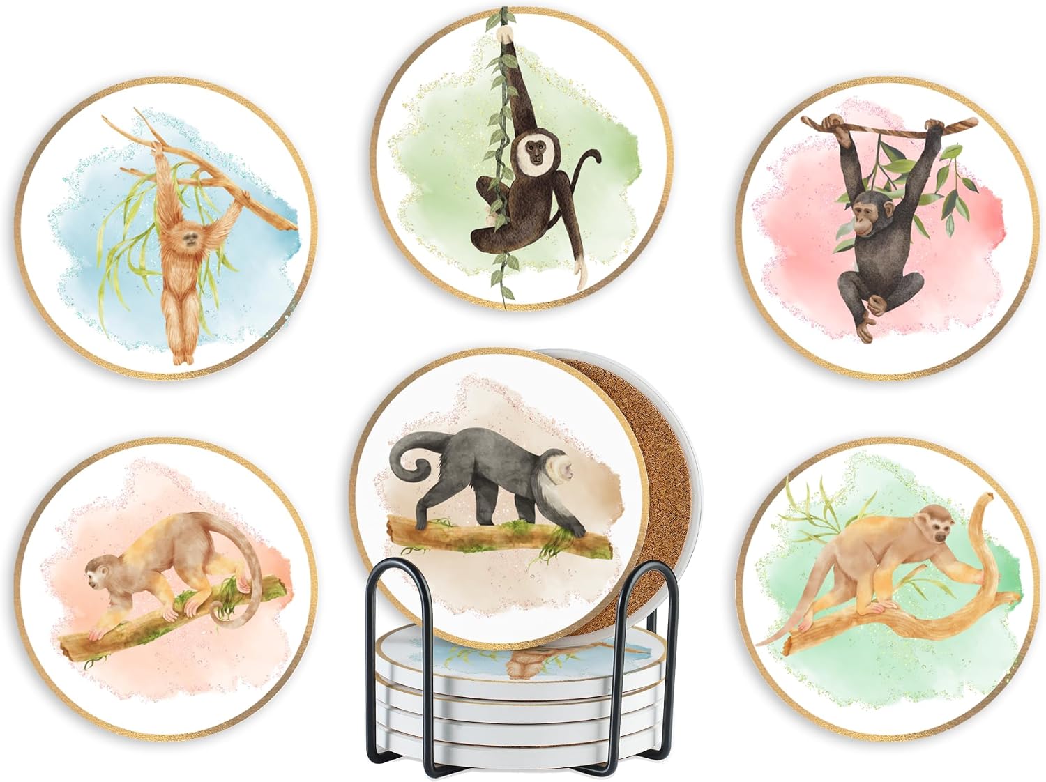 Monkey Gifts for Women Girls Adults, Monkey Coaster Home Decor for Birthday Christmas Thanksgiving, Set of 6, Ceramic, Absorbent with Cork Base