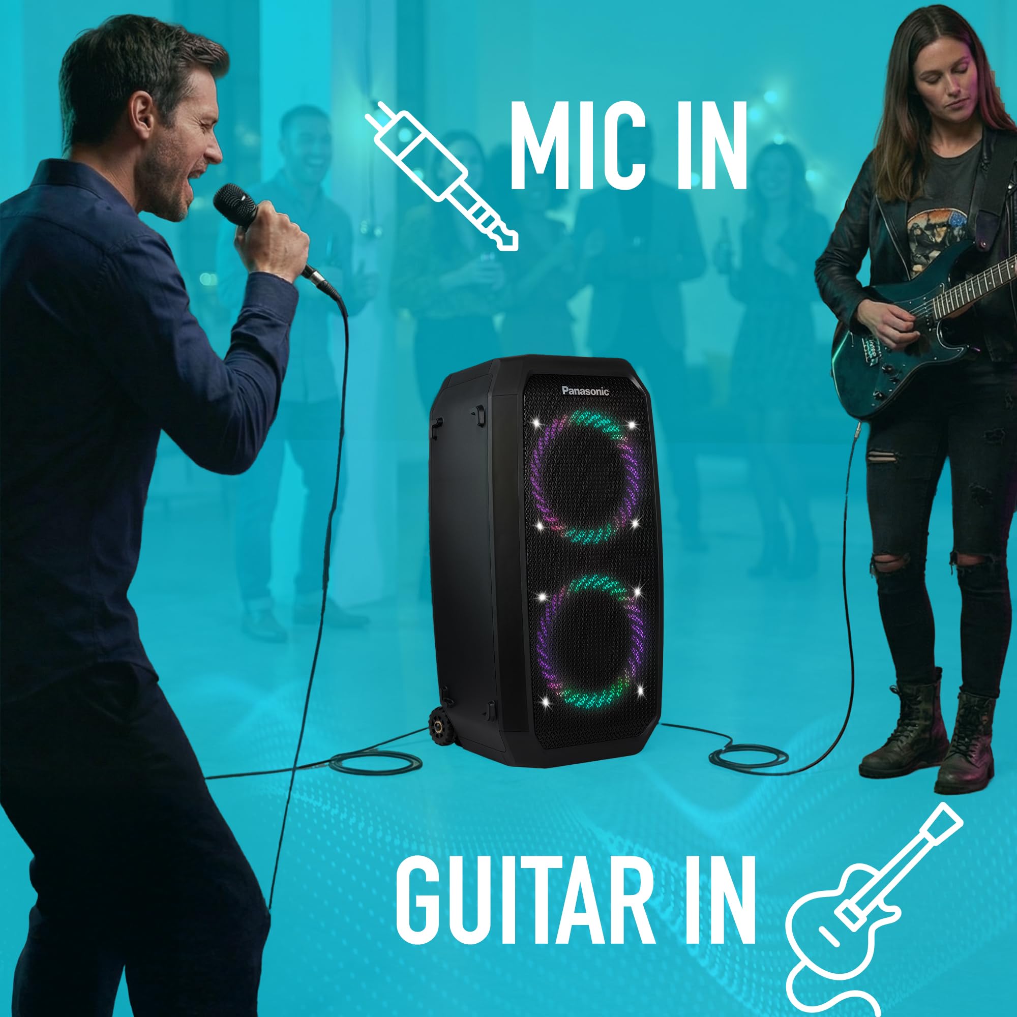 Panasonic SC-BMAX30 Enceinte Portable avec Bluetooth, Lumières Intégrées, Port Bass Reflex, 320 W, 14 Heures d’autonomie, USB, IPX4, Entrées Guitare et Micro pour Karaoké, Noir