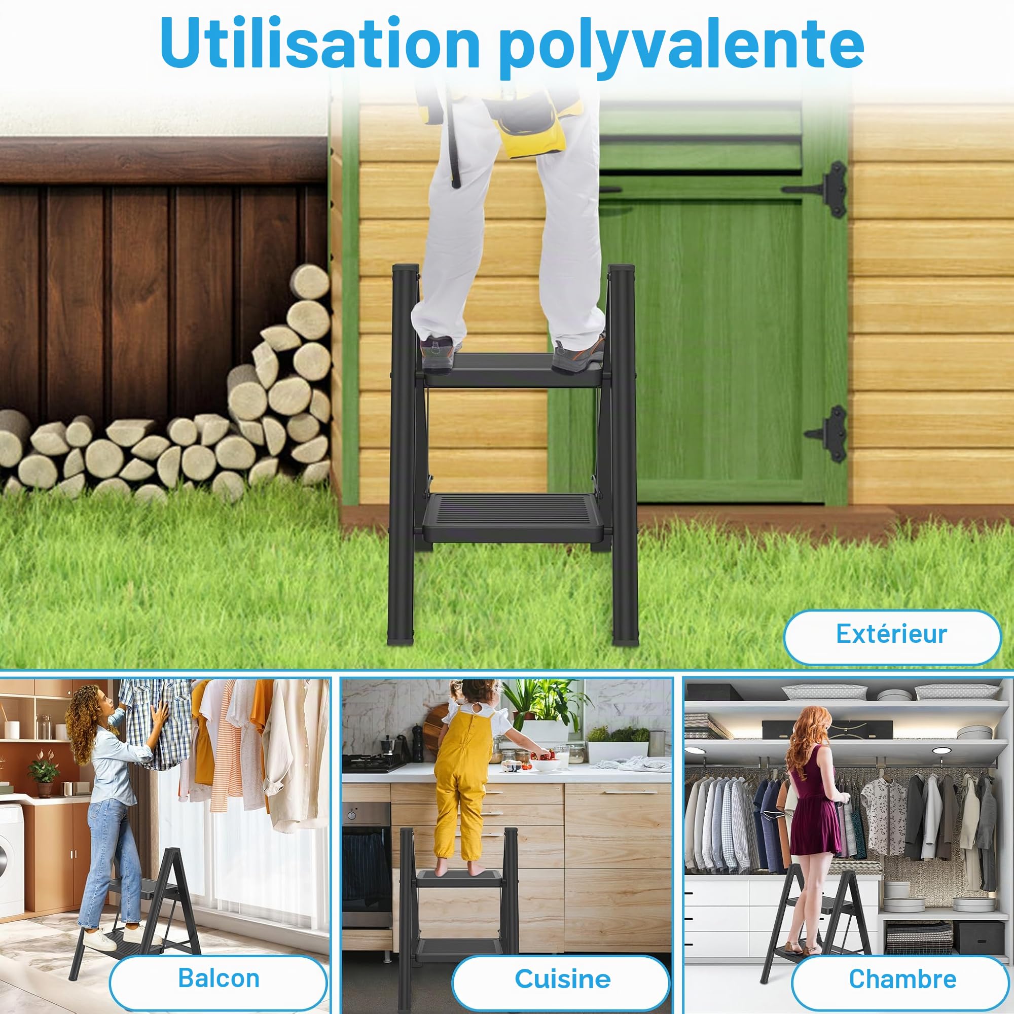 LZQ Escabeau 2 marches Pliable Tritthocker avec Pédale Large Escabeau Pliable antidérapant Échelle de sécurité Échelle Pliable jusqu'à 270 kg Charge maximale Échelle pliante pour la maison et la
