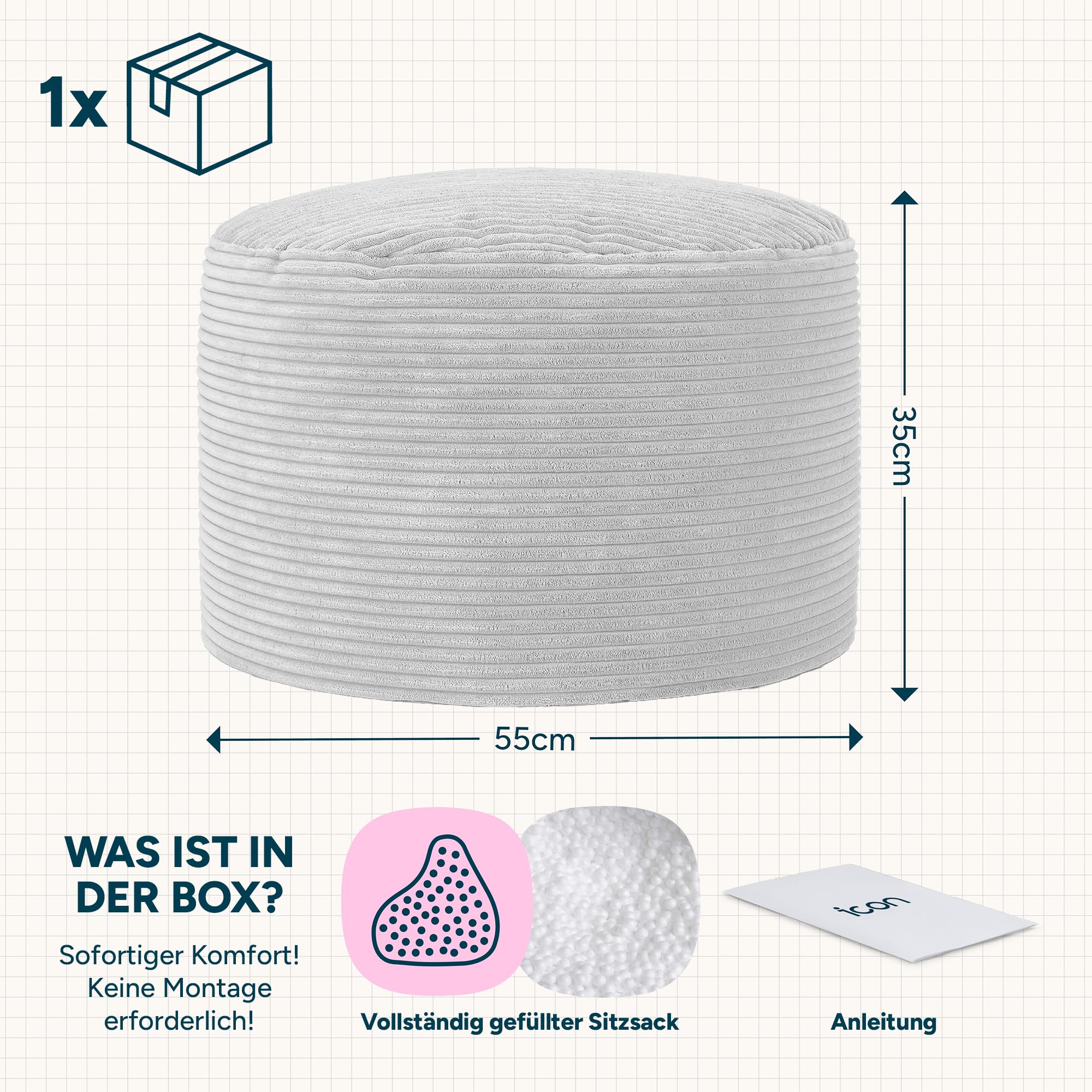 Icon Milano Hocker, Beige, Flauschiger Cord Stoff, Sitzsack Cord, Sitzpuff, Pouf Hocker mit Füllung, Fußhocker für das Wohnzimmer, Deko Wohnzimmer