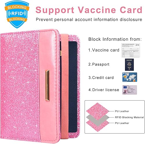 Miniatura 3 de Caweet Funda para tarjeta de vacunación, portapasaporte, cartera de cuero para tarjetas de vacunación con cierre de banda elástica, Rosa