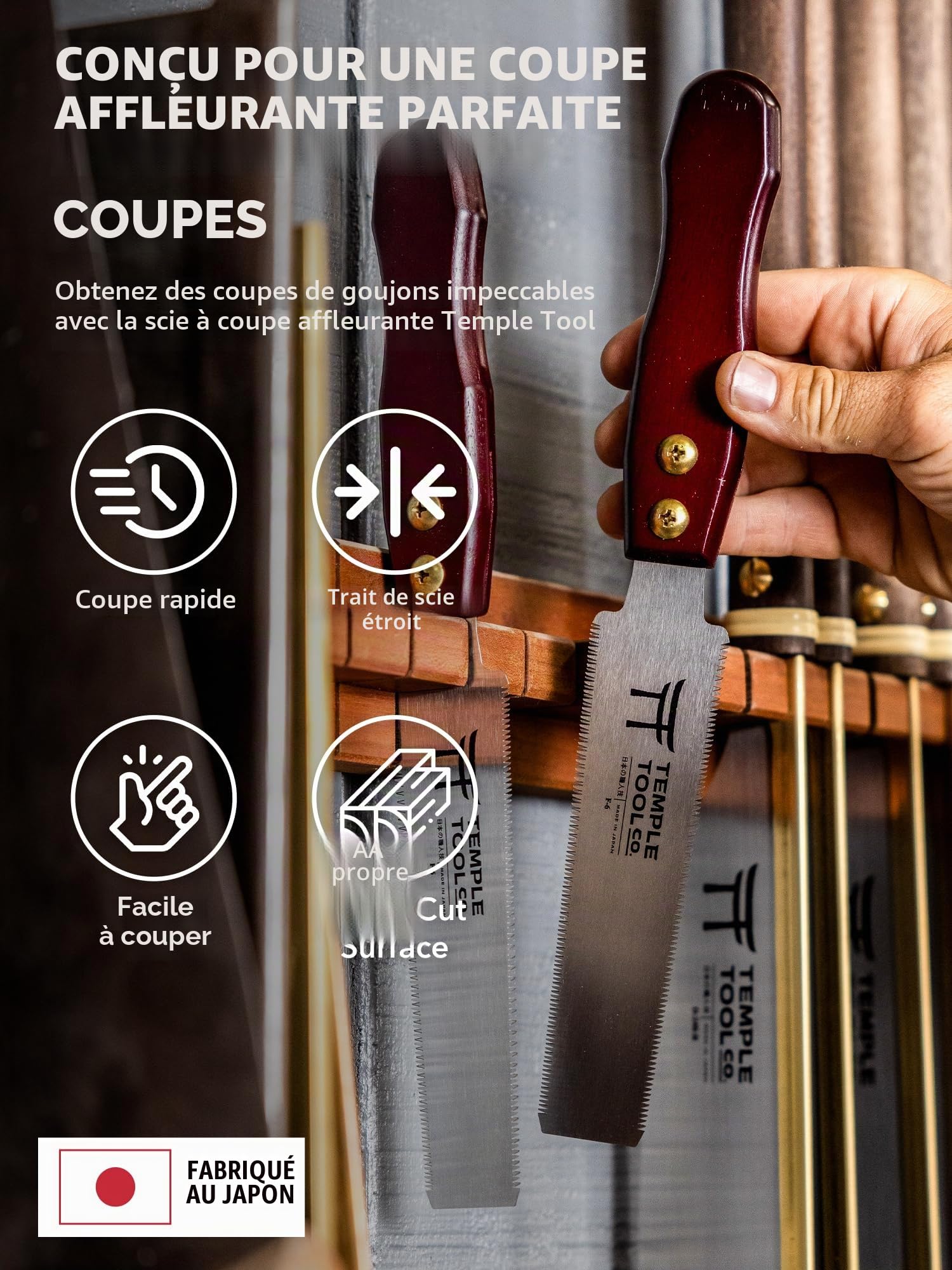 Temple Tool Co. Scie japonaise à araser - Scie à tirer double tranchant de 6 pouces pour coupes à ras de goupilles, chevilles, cales - Bois dur et bois tendre