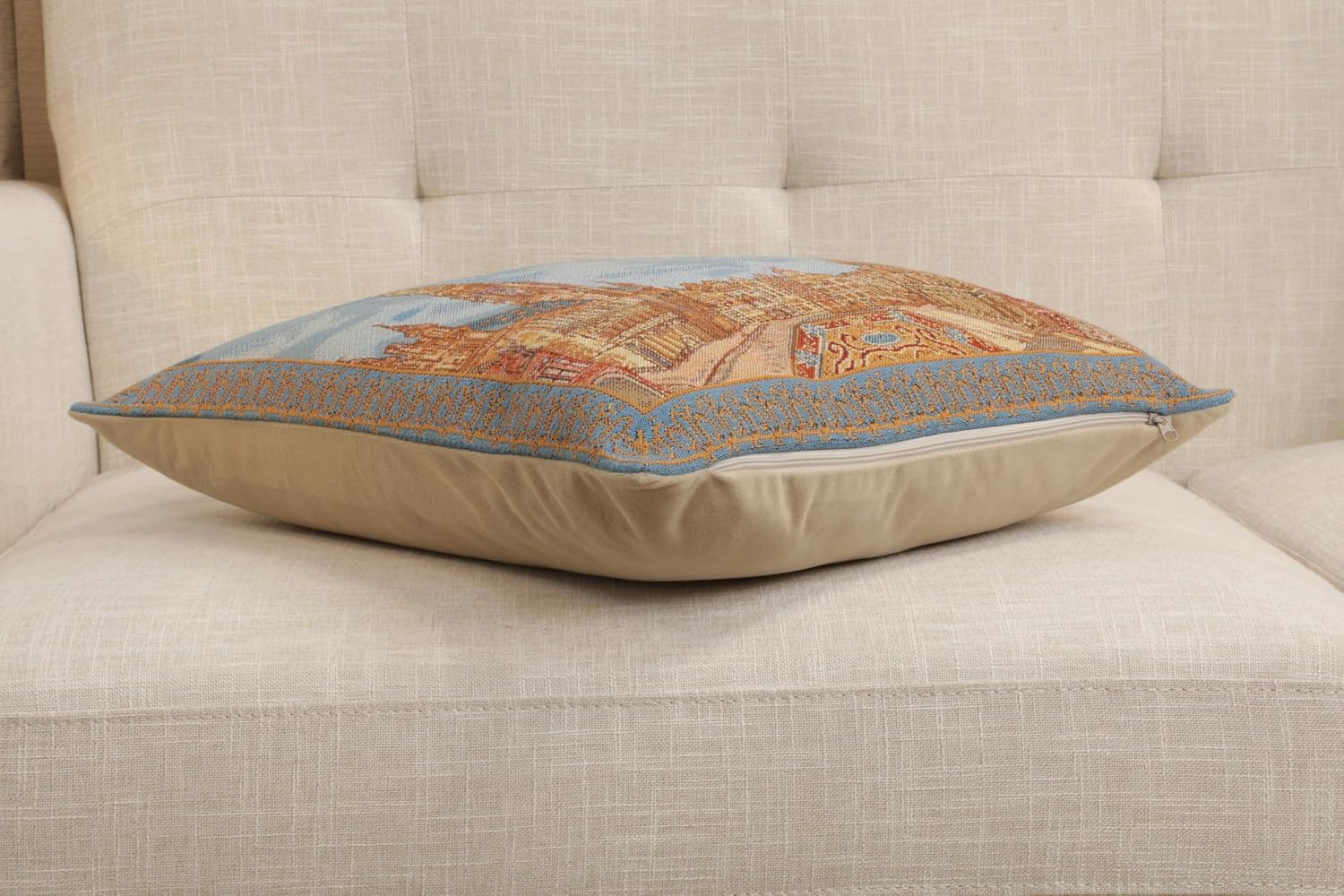 Charlotte Home Furnishings Inc. 'Grand Place Brussels I' Hand-Finished Belgium Woven Tapestry Cushion Cover | Medium Decorative Throw Pillows |16 x16 in.| Famous Places Pillow Cover