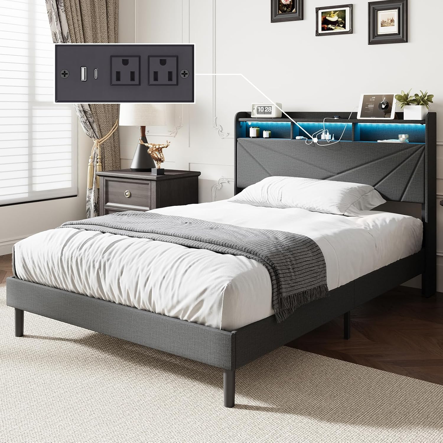 Full Size Bed Frame with Charging Station & LED Lights, Upholstered Headboard with 2-Tier Storage, Heavy Duty Metal Platform Bed with Wood Slats, No Box Spring, Noise-Free, Easy Assembly, Grey