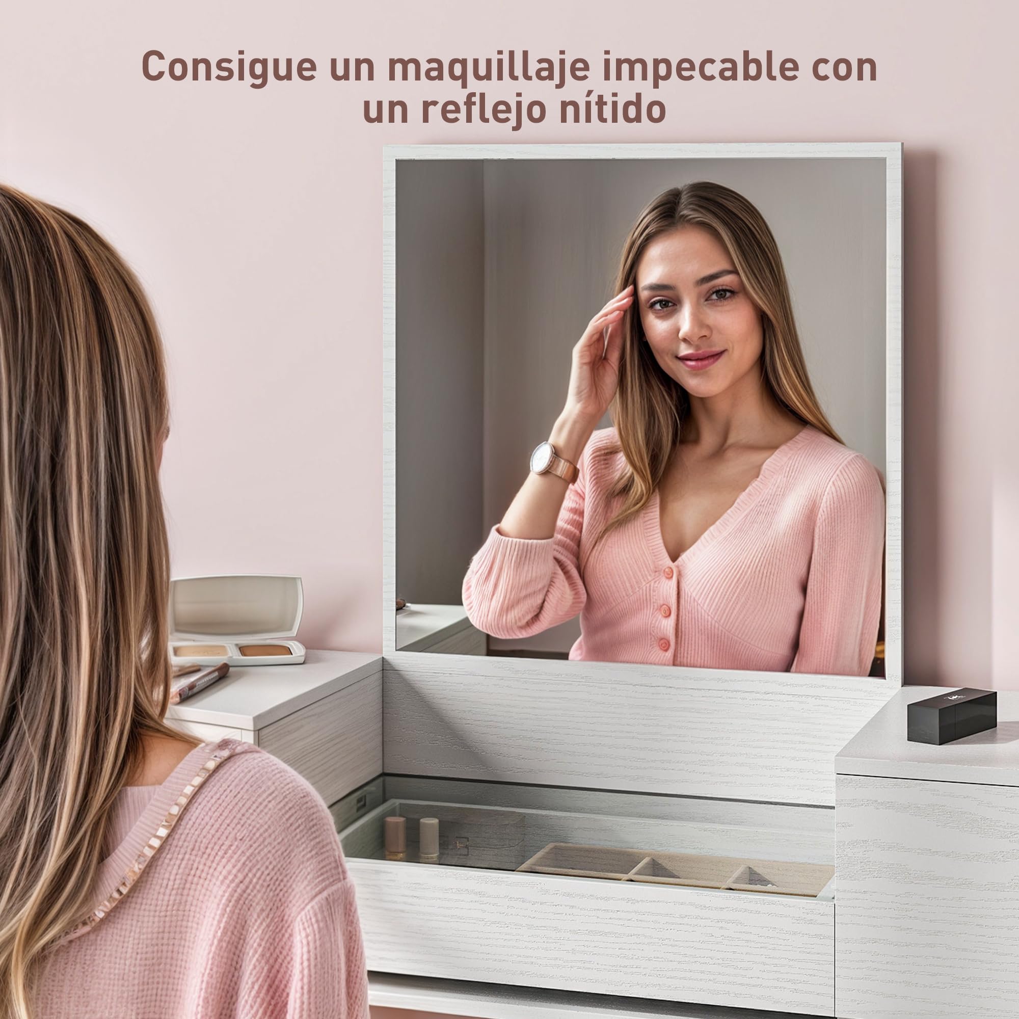 HOMCOM Tocador de Maquillaje con Espejo Tocador con Encimera de Vidrio Templado Visible 3 Cajones Mesa de Maquillaje Moderna para Dormitorio Blanco