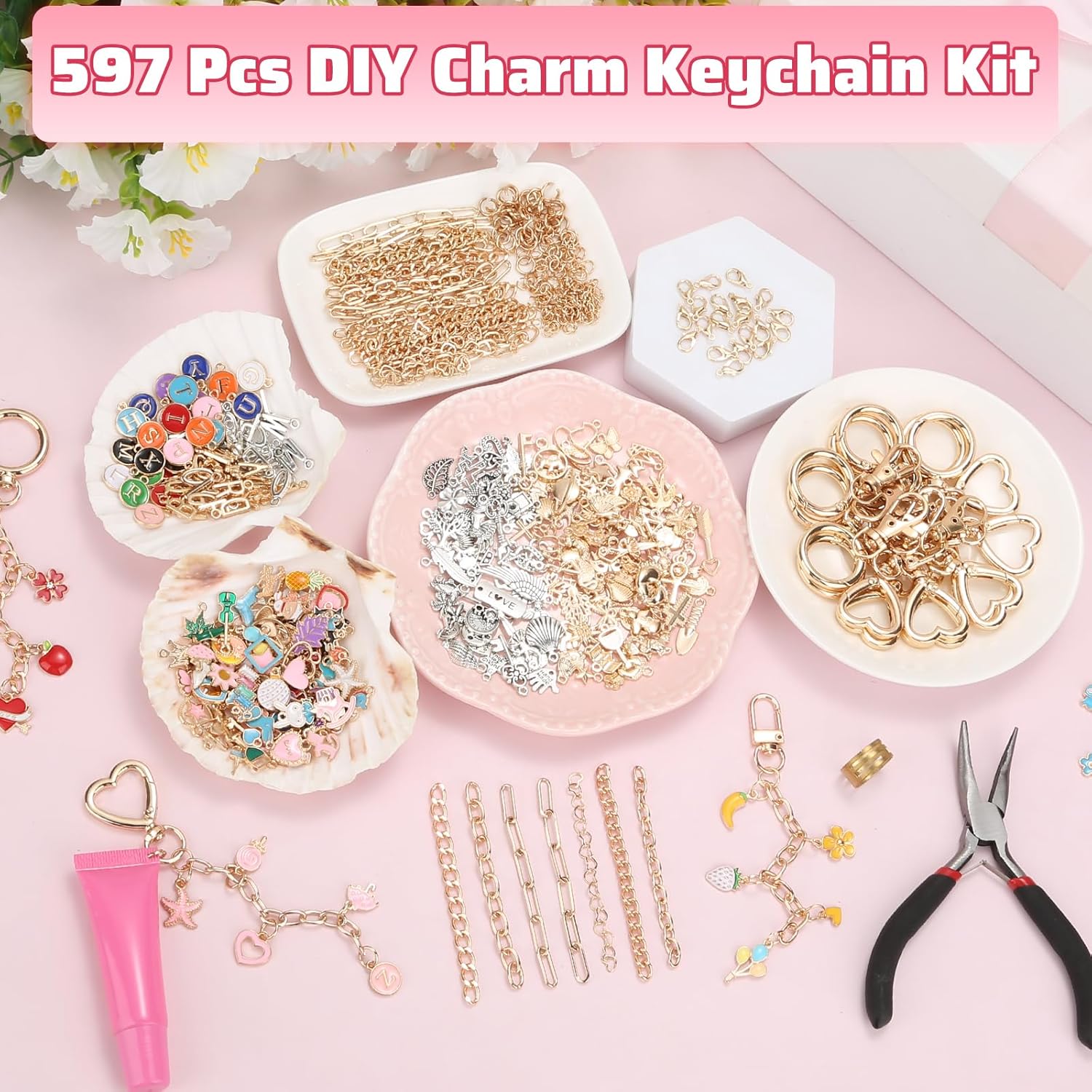 Modacraft 617 Pcs Charms Lip Gloss Keychain Making Kit, DIY Bag Charm Kit Including 32 Key Chain Hooks 35 Extender Chains 308 Charms 200 Jump Rings 20 Lobster Clasps 20 Gift Bags for Craft Supplies