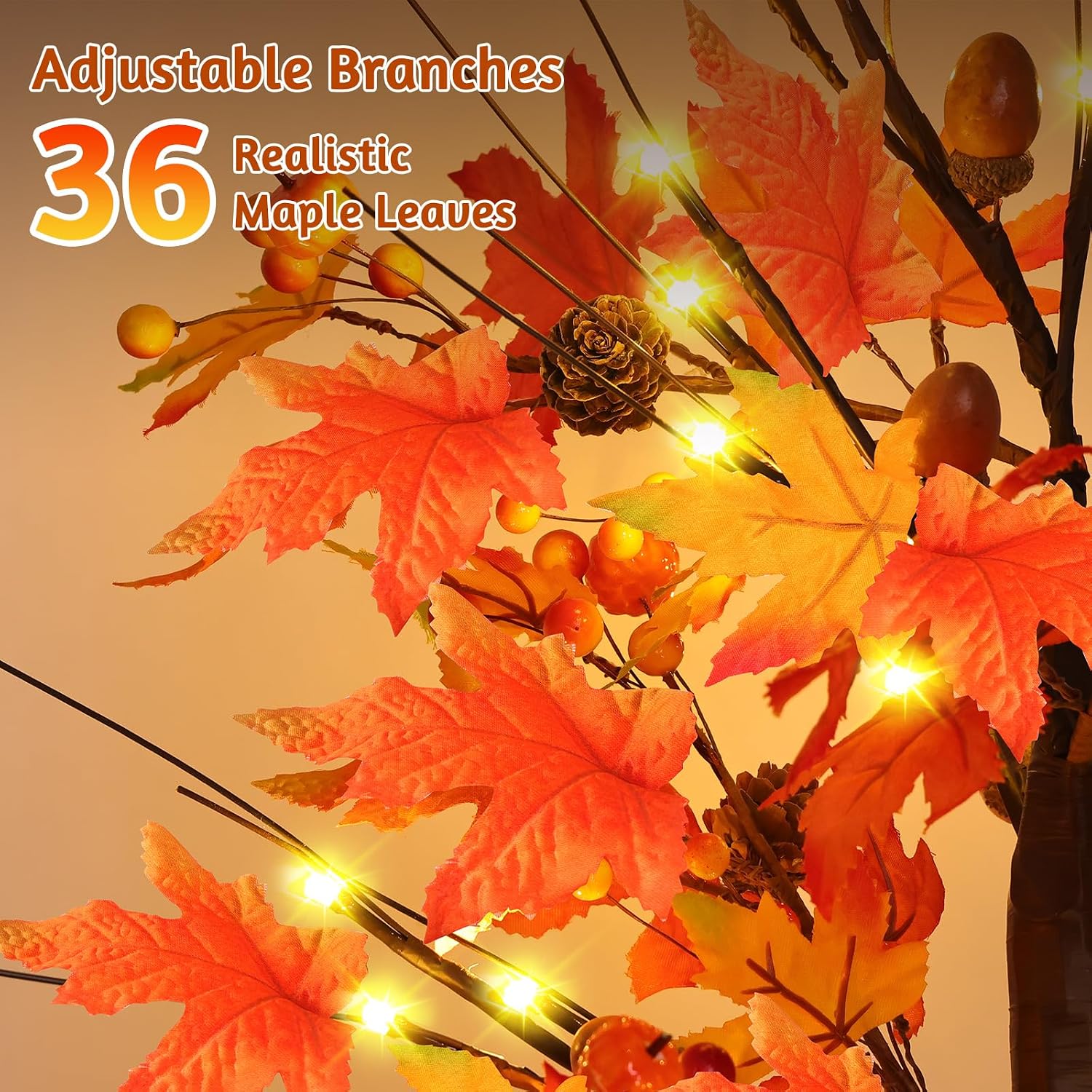 2 Pack 24 Inch Prelit Lighted Maple Tree, Artificial Fall Tree with 24 LEDs Timer Battery Operated, for Thanksgiving Decorations/Fall Decor/Fall Decorations Indoor/Halloween Table Centerpiece