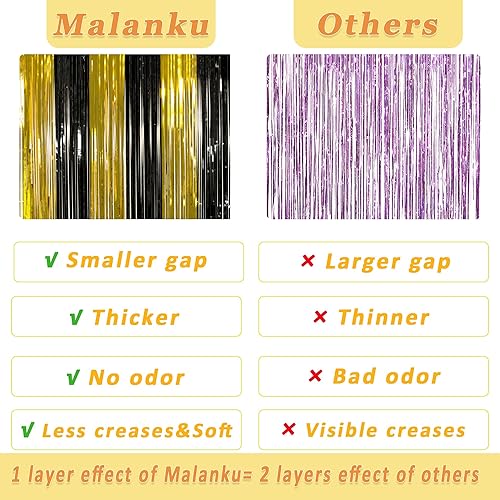 Miniatura 5 de Paquete de 2 decoraciones de fiesta negras y doradas, cortina de flecos de lámina dorada de 3.3 x 8.2 pies, telón de fondo de oropel negro,