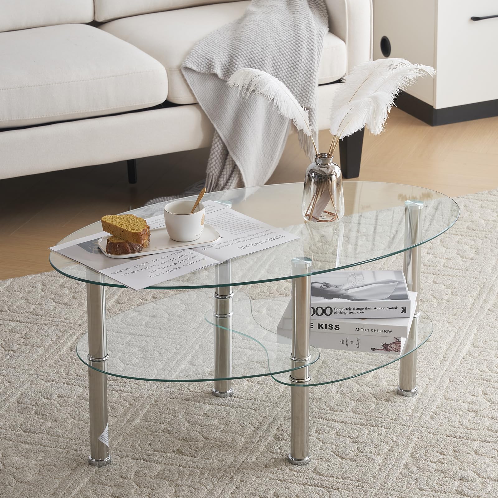 LEADZM Table Basse en Verre Trempé à 3 Couches - Ovale pour Salon, Bureau - 90 x 50 x 45 cm (Transparent)