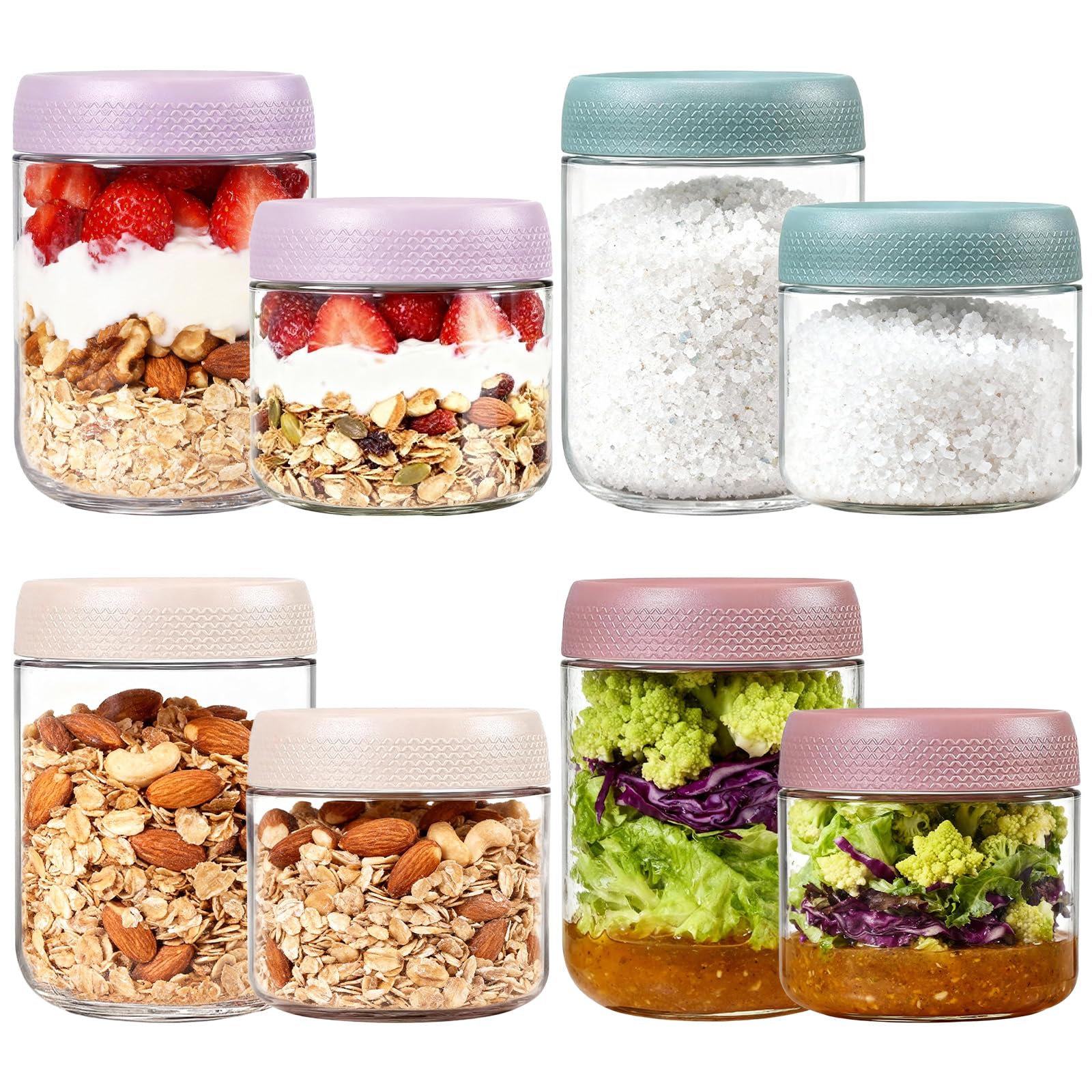 Nbouou Transparent 8Pcs Overnight Oats Jar Glass Containers With Lids, 480&350Ml Mason Glass Jars With Lids, Screw Lid Leakproof Breakfast Pots, For Food Storage Containers For Milk Yoghurt Salad Jar Fruit Cerea