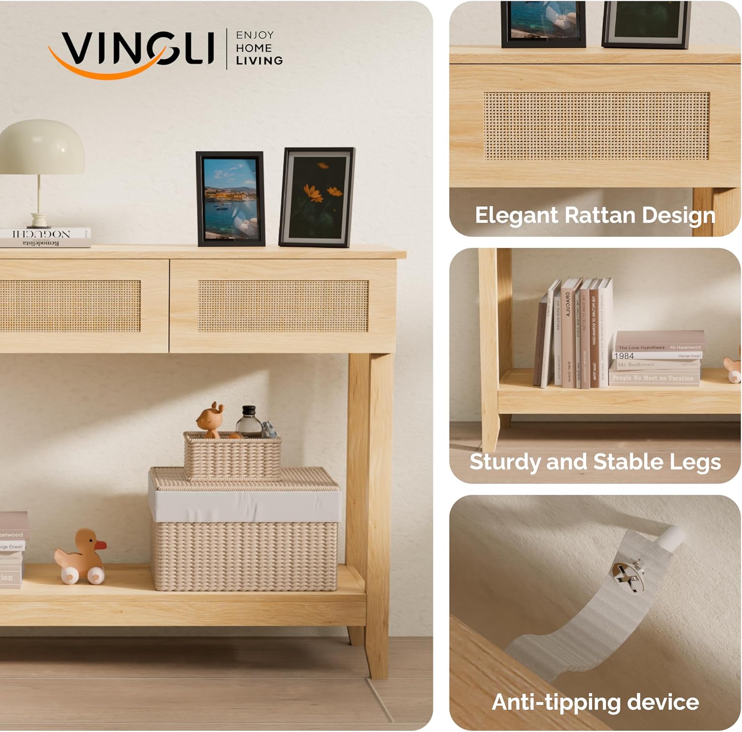 VINGLI 51" Console Table with Drawers, Rattan Entryway Table with Storage Shelf, Narrow Sofa Table, Boho Hallway Table for Living Room, Entrance, Foyer, Behind Couch, Natural Rattan