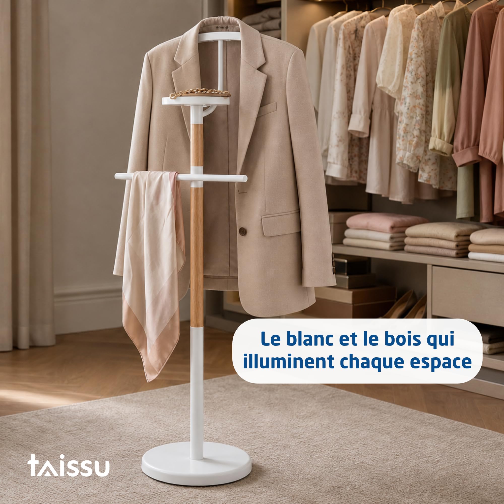 Valet de chambre Mod. EIDE - Couleur Blanc et Bois - Avec Penderie Supérieure et Barre pour Pantalons - 47 x 29 x 111 cm - Acier et Bois - Porte-vêtements