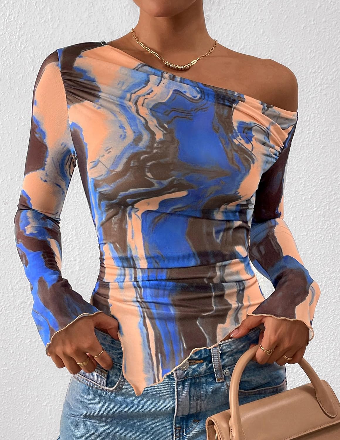 PRETTYGARDEN Womens Fall Trendy Off Shoulder Y2k Tops 2026 Tie Dye Mesh Long Sleeve Shirts Asymmetrical Ruched Floral Blouse - Image 8