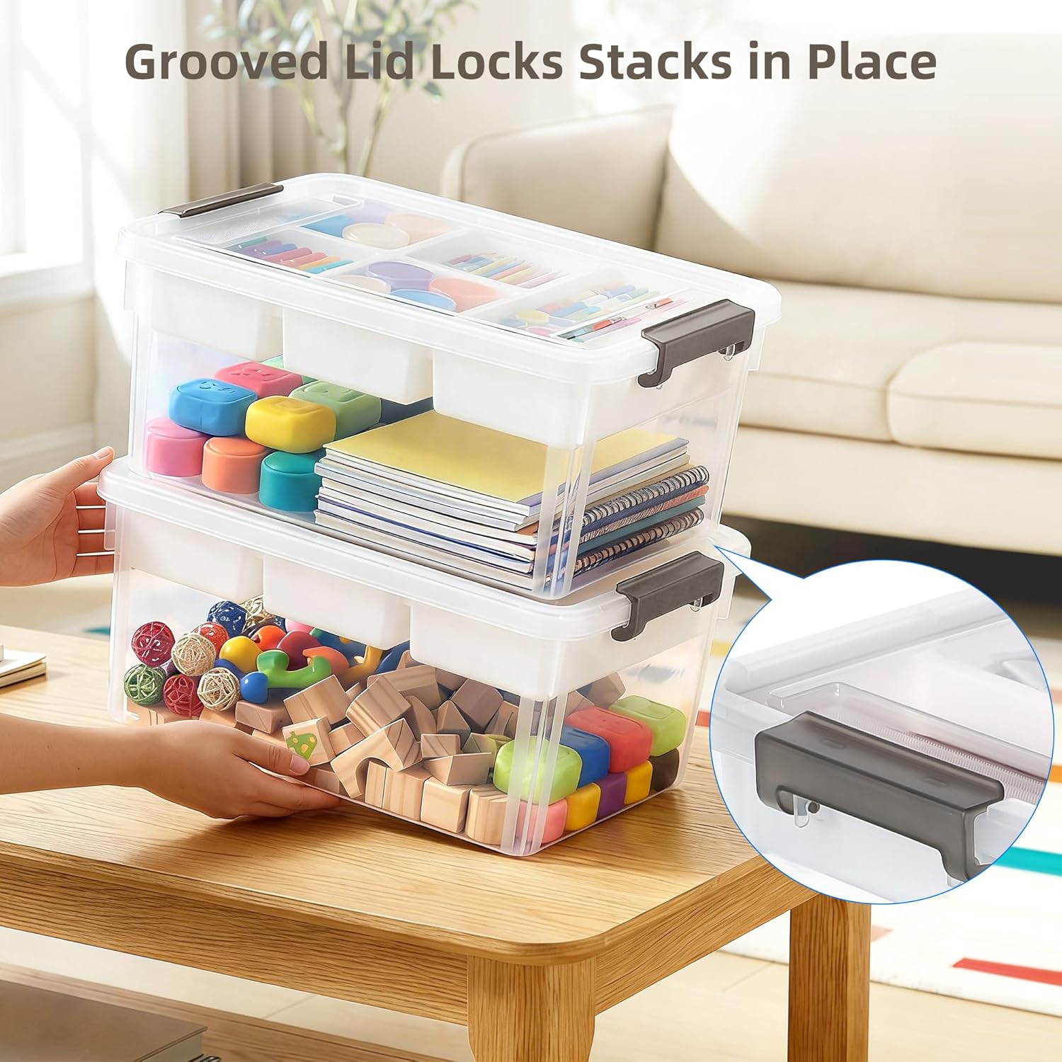 Bienvoun 17 QT Clear Stackable Craft Storage with 1 Removable Fixed-Compartment Tray, Craft Organizers and Storage for Painting, Coloring Book & Playdoh Supplies, 2 Packs