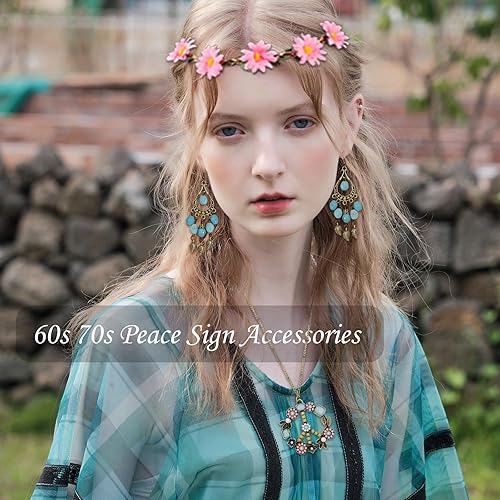 Miniatura 2 de Accesorios de disfraz hippie para mujer, aretes de signo de paz, collar, diadema de flores, lentes de sol de los años 60 y 70
