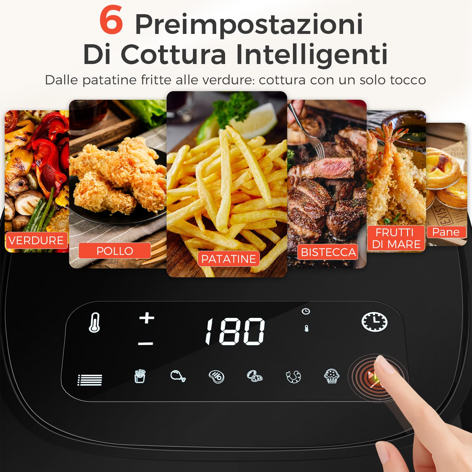 YASHE 1500W Friggitrice ad Aria 4,2L con Touch Screen LED in Vetro Temperato, 6 Programmi, Temperatura e Timer Regolabili, Cestello Antiaderente Lavabile in Lavastoviglie, Cottura Sana Senza Olio
